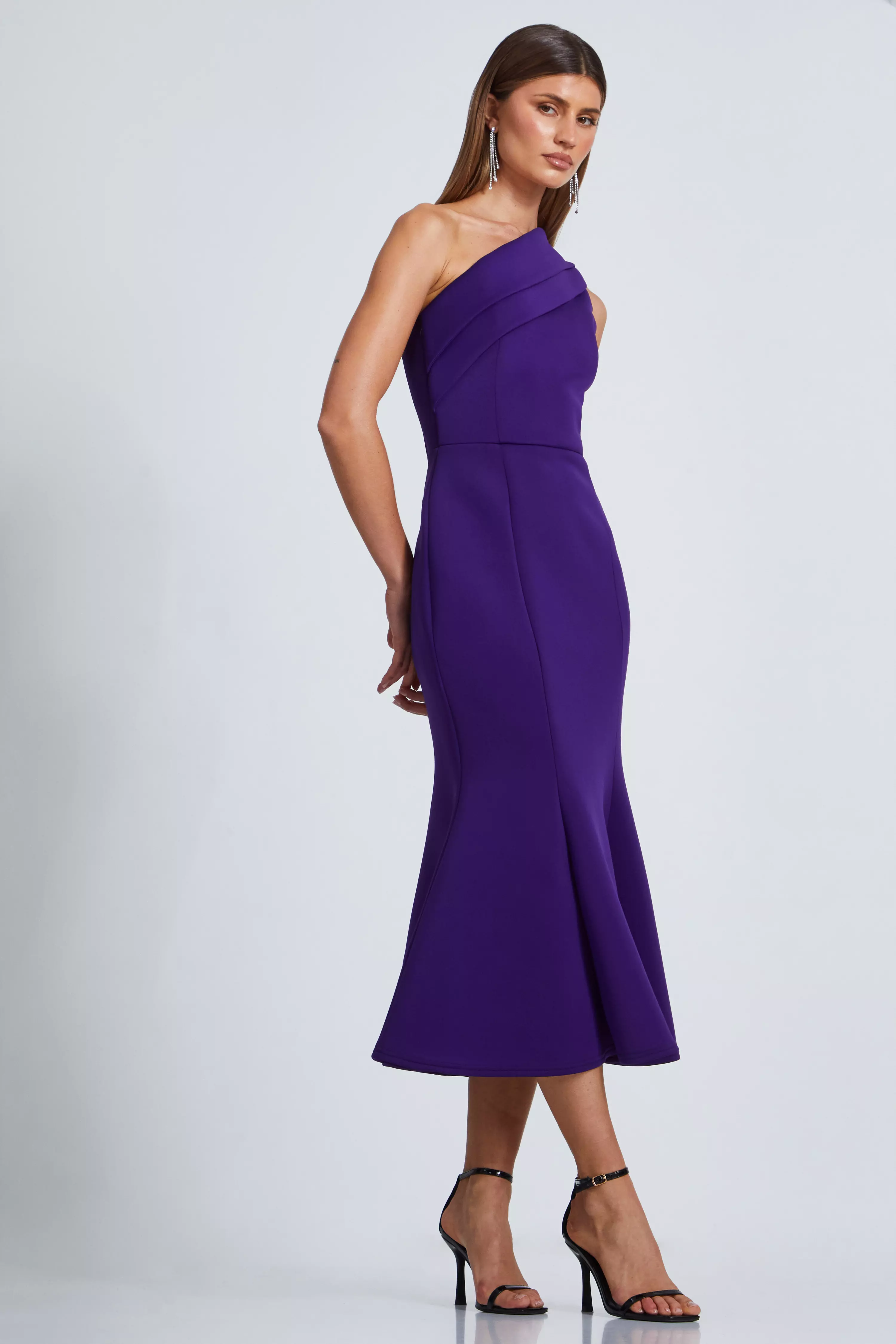 Purple One Shoulder Peplum Midi Dress