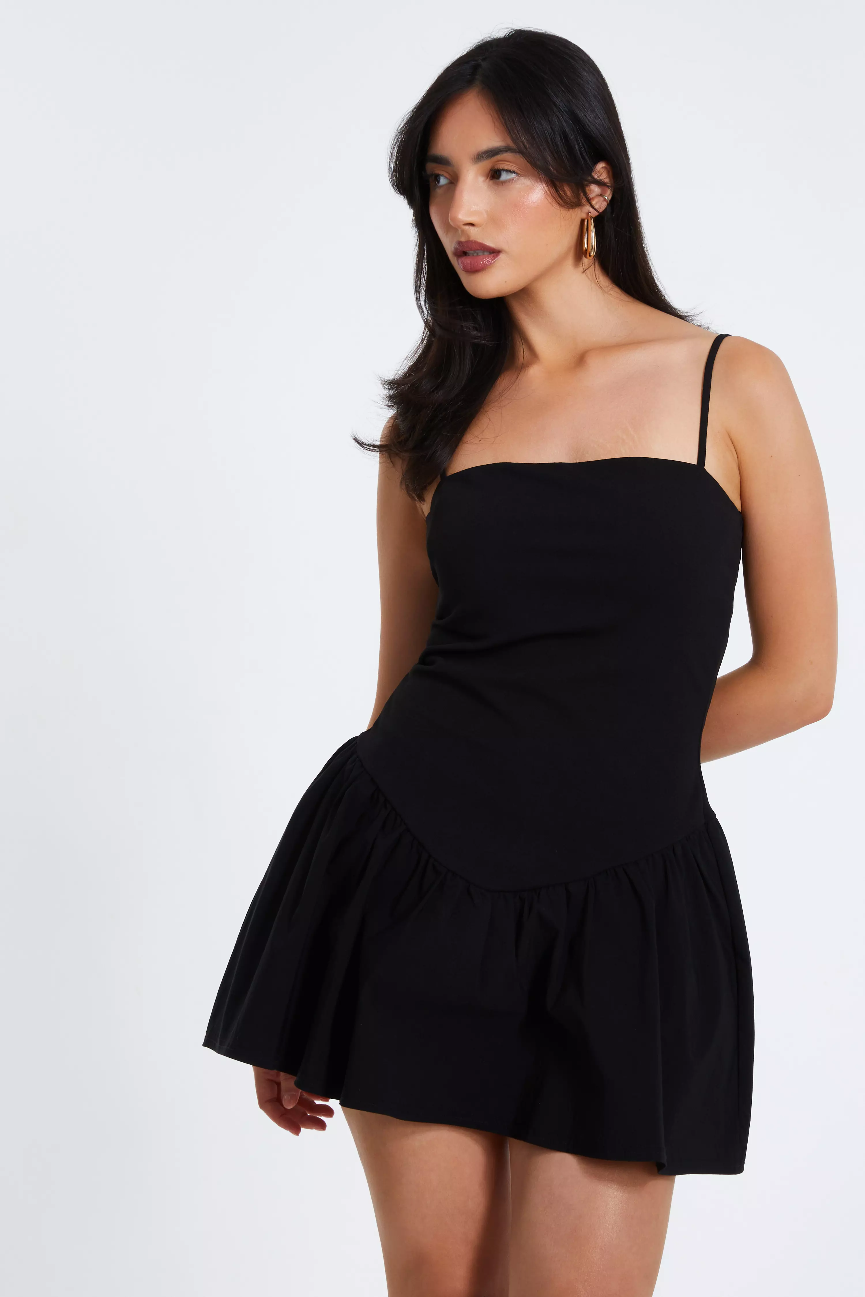 Black Strappy Puff Ball Skater Dress