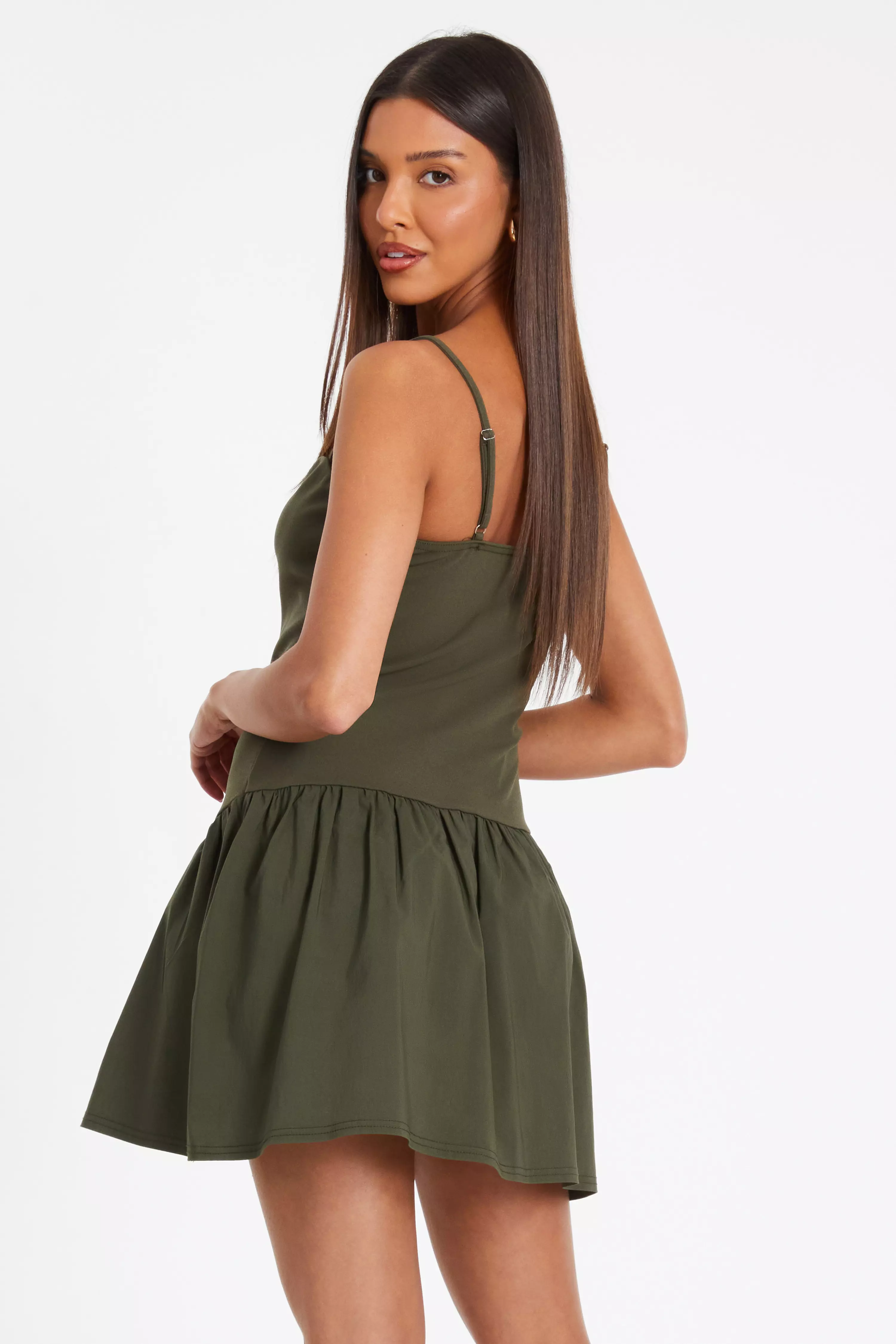 Khaki Strappy Puff Ball Skater Dress