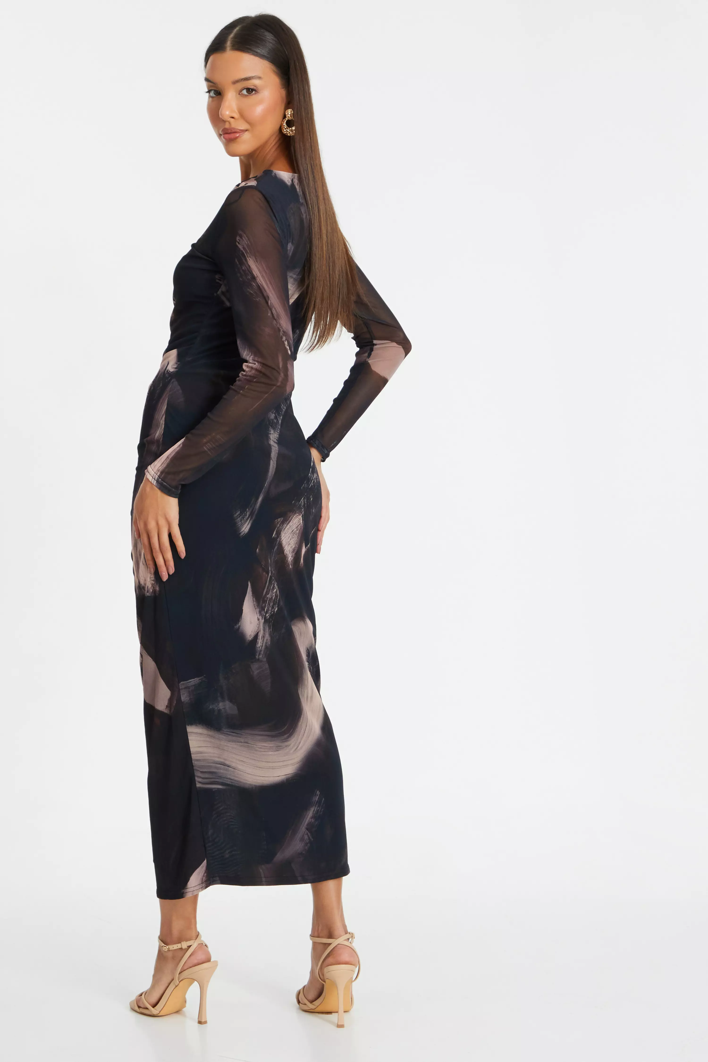 Black Marble Print Mesh Midaxi Dress