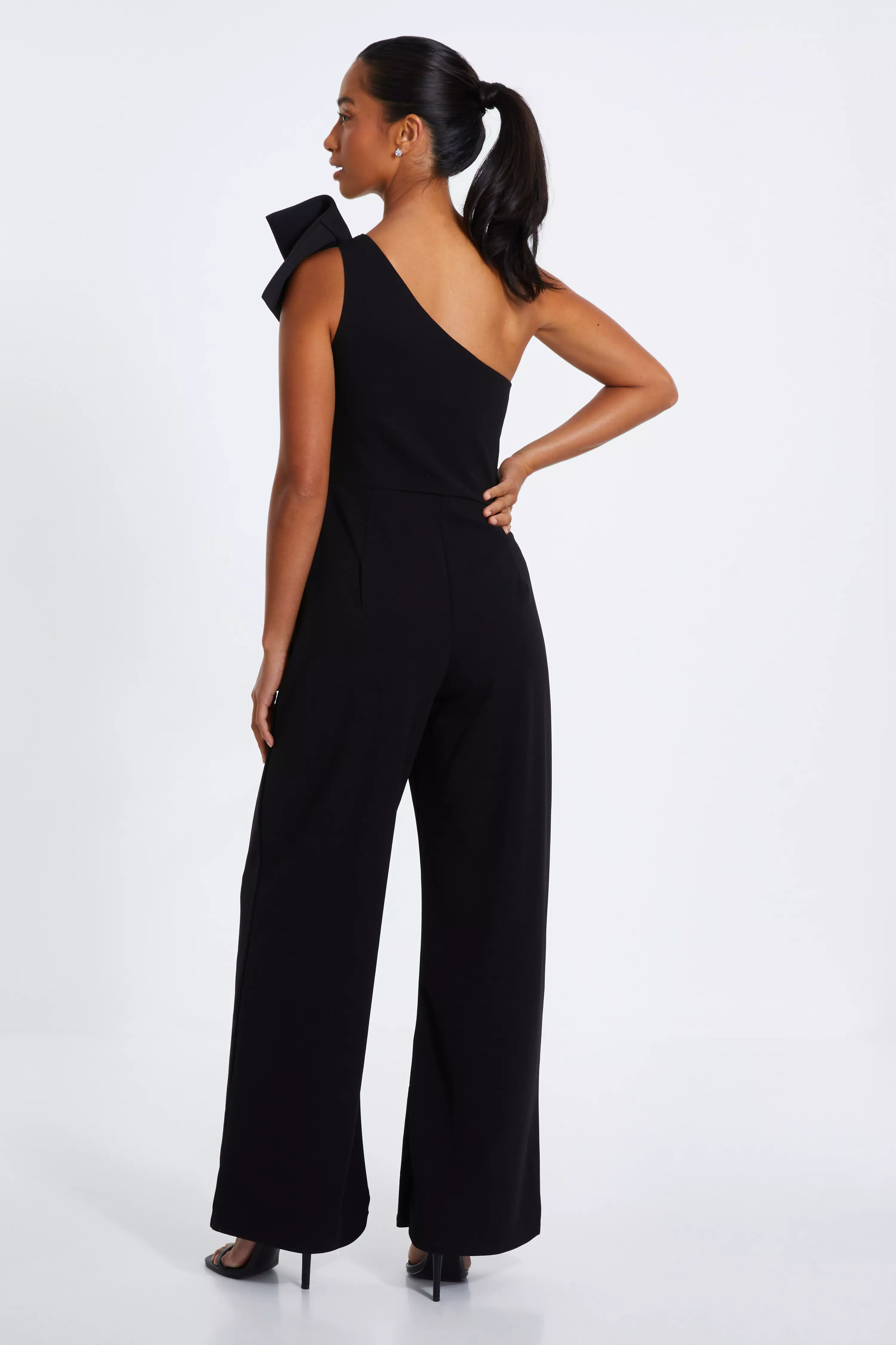 Petite Black One Shoulder Bow Palazzo Jumpsuit