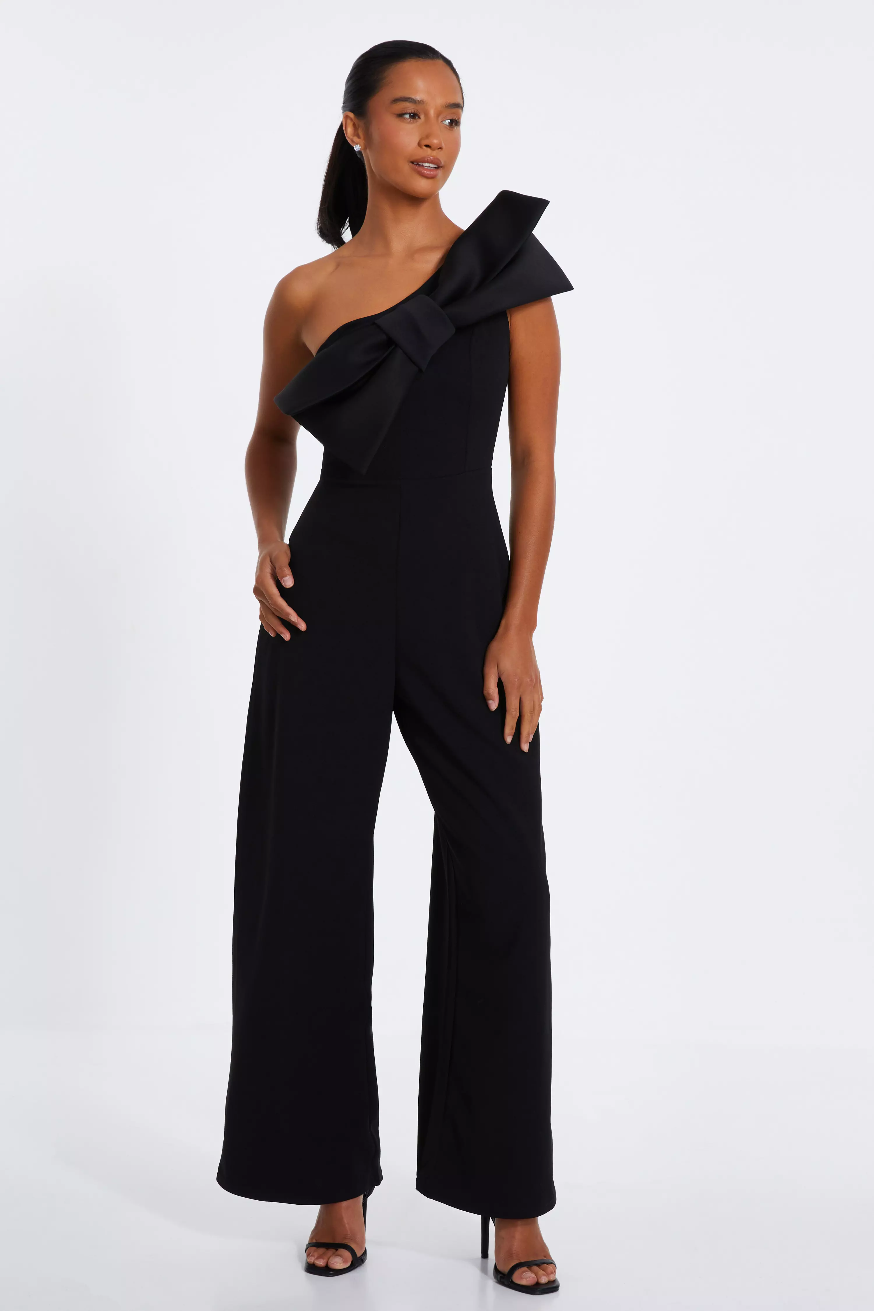 Petite Black One Shoulder Bow Palazzo Jumpsuit