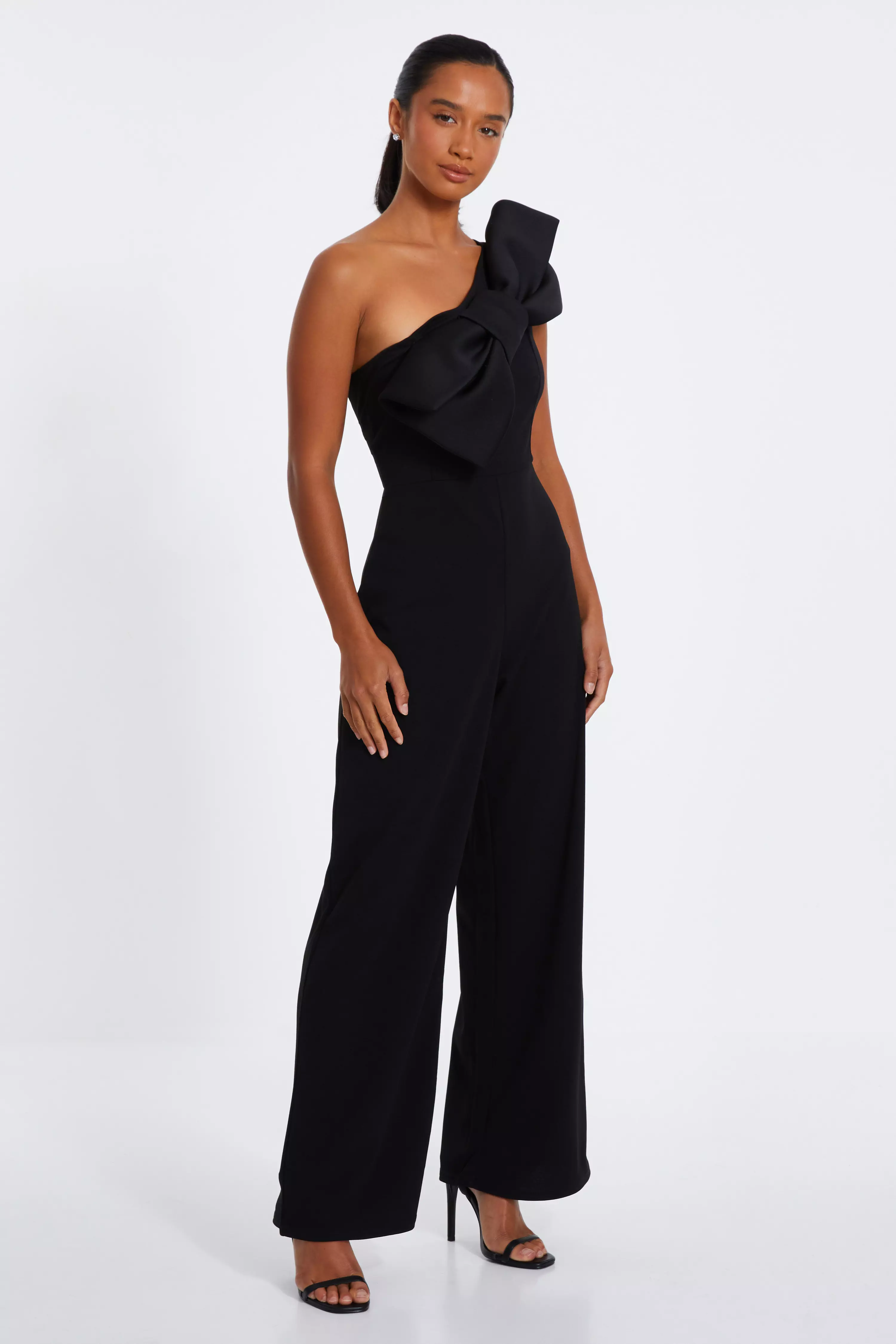 Petite Black One Shoulder Bow Palazzo Jumpsuit