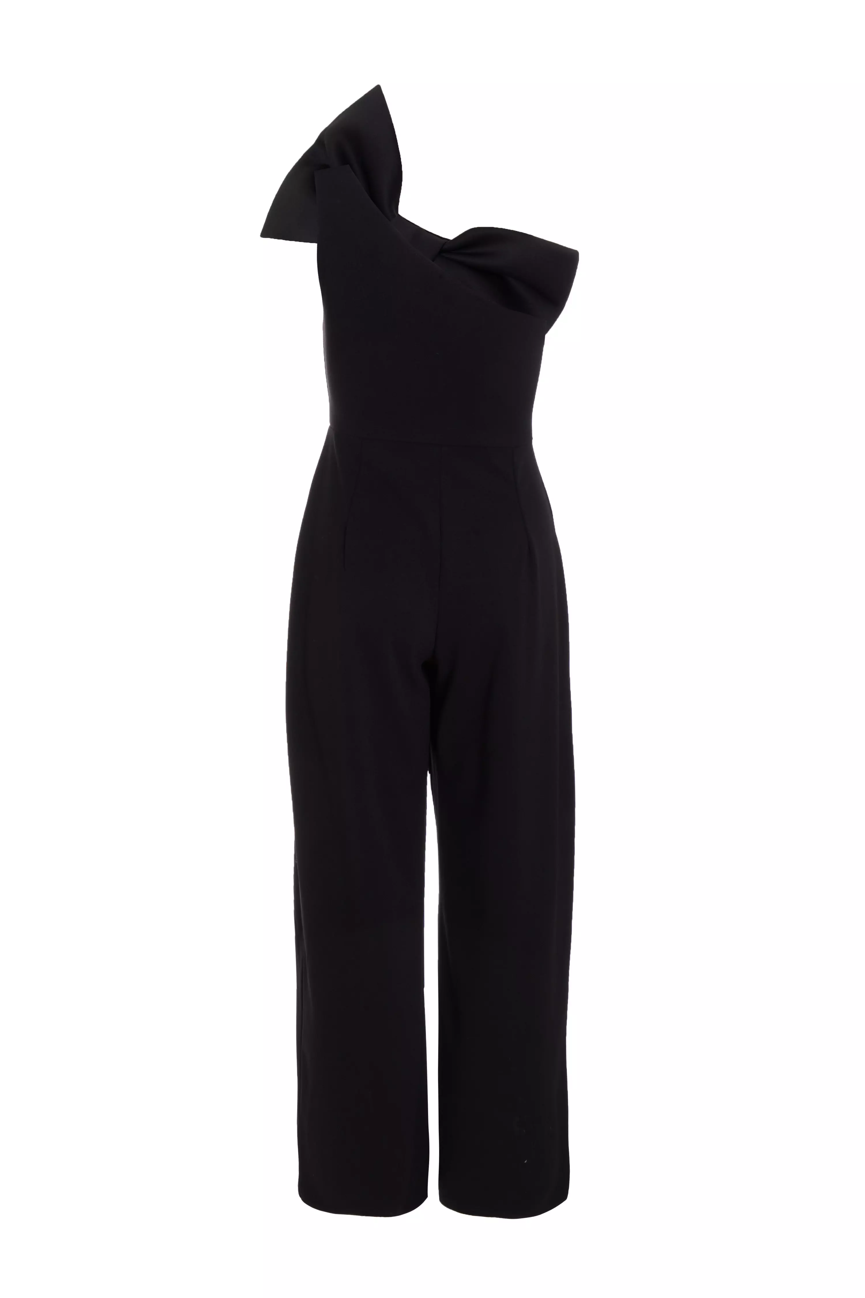 Petite Black One Shoulder Bow Palazzo Jumpsuit