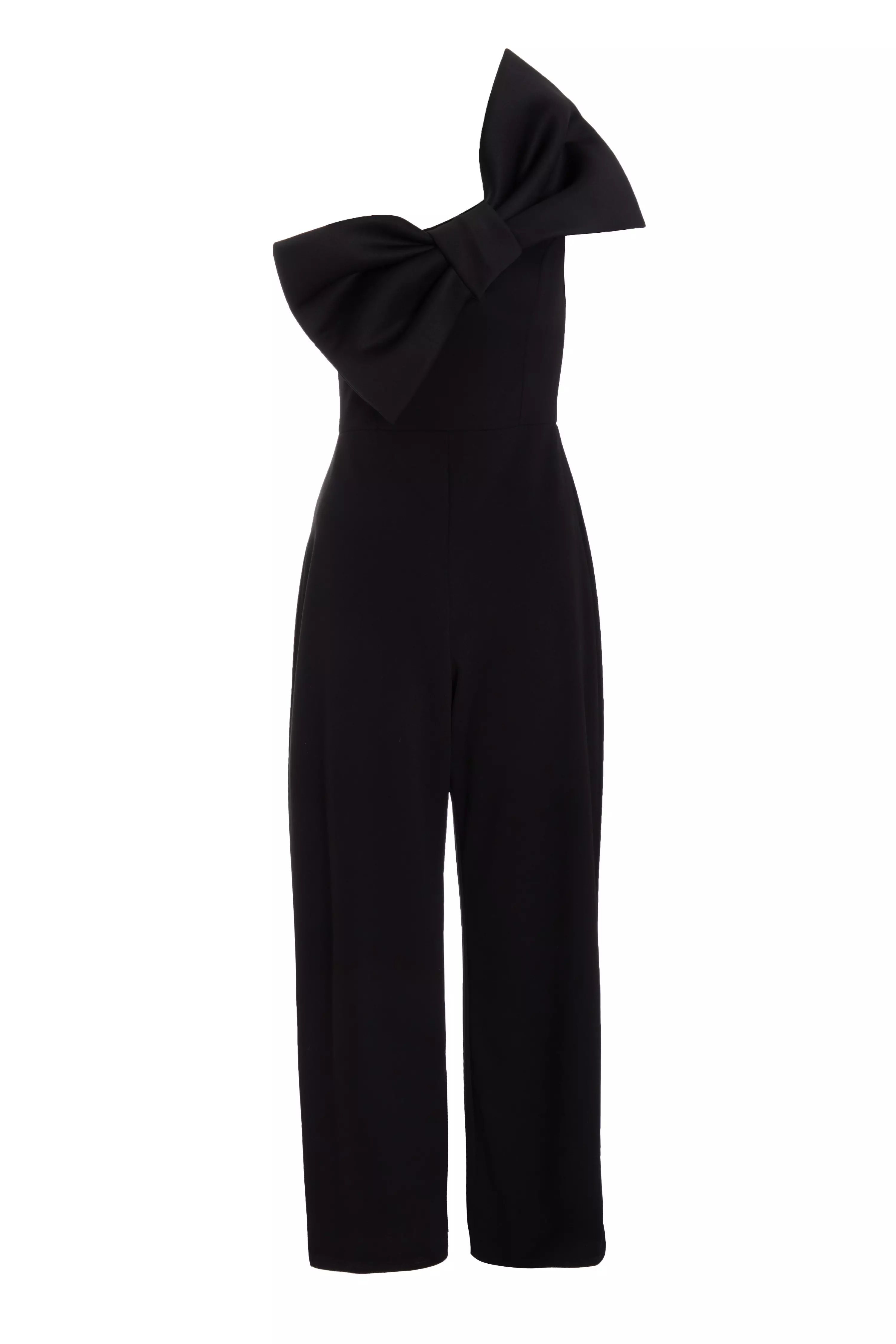 Petite Black One Shoulder Bow Palazzo Jumpsuit