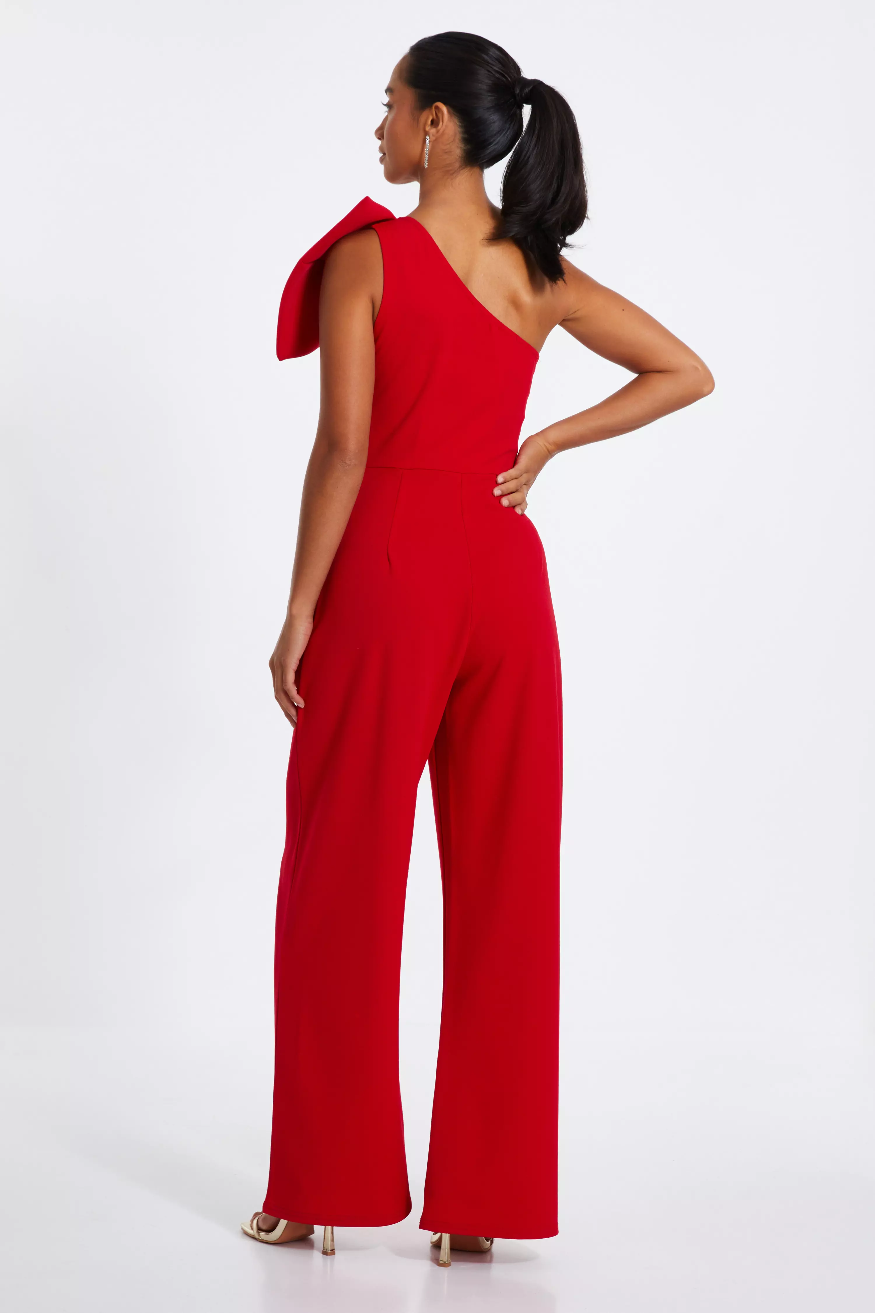 Petite Red One Shoulder Bow Palazzo Jumpsuit