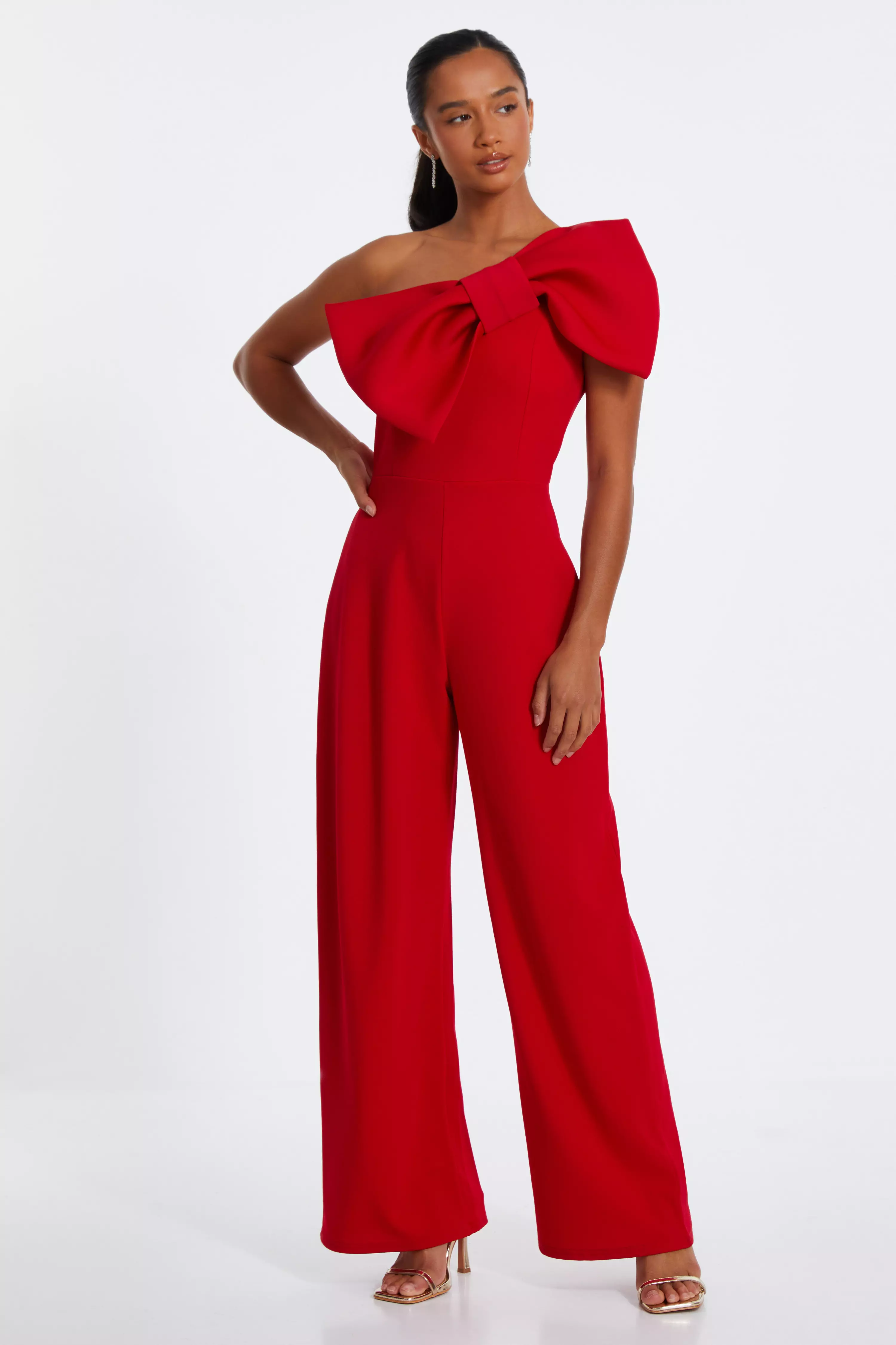 Petite Red One Shoulder Bow Palazzo Jumpsuit