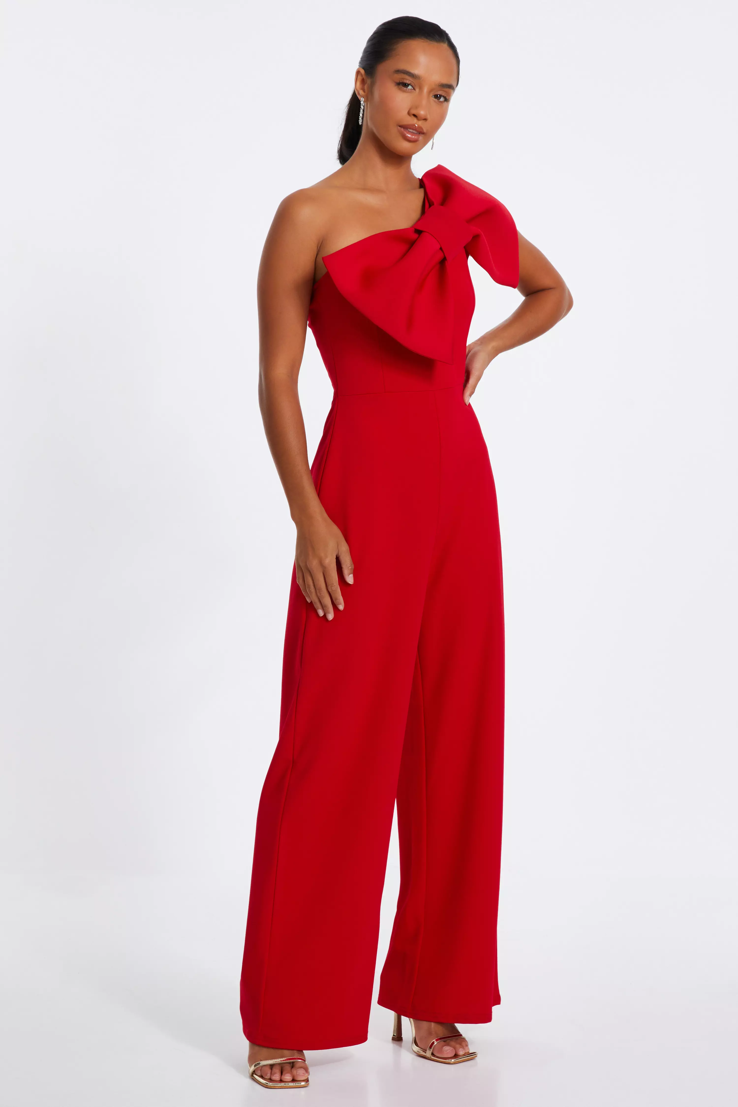 Petite Red One Shoulder Bow Palazzo Jumpsuit