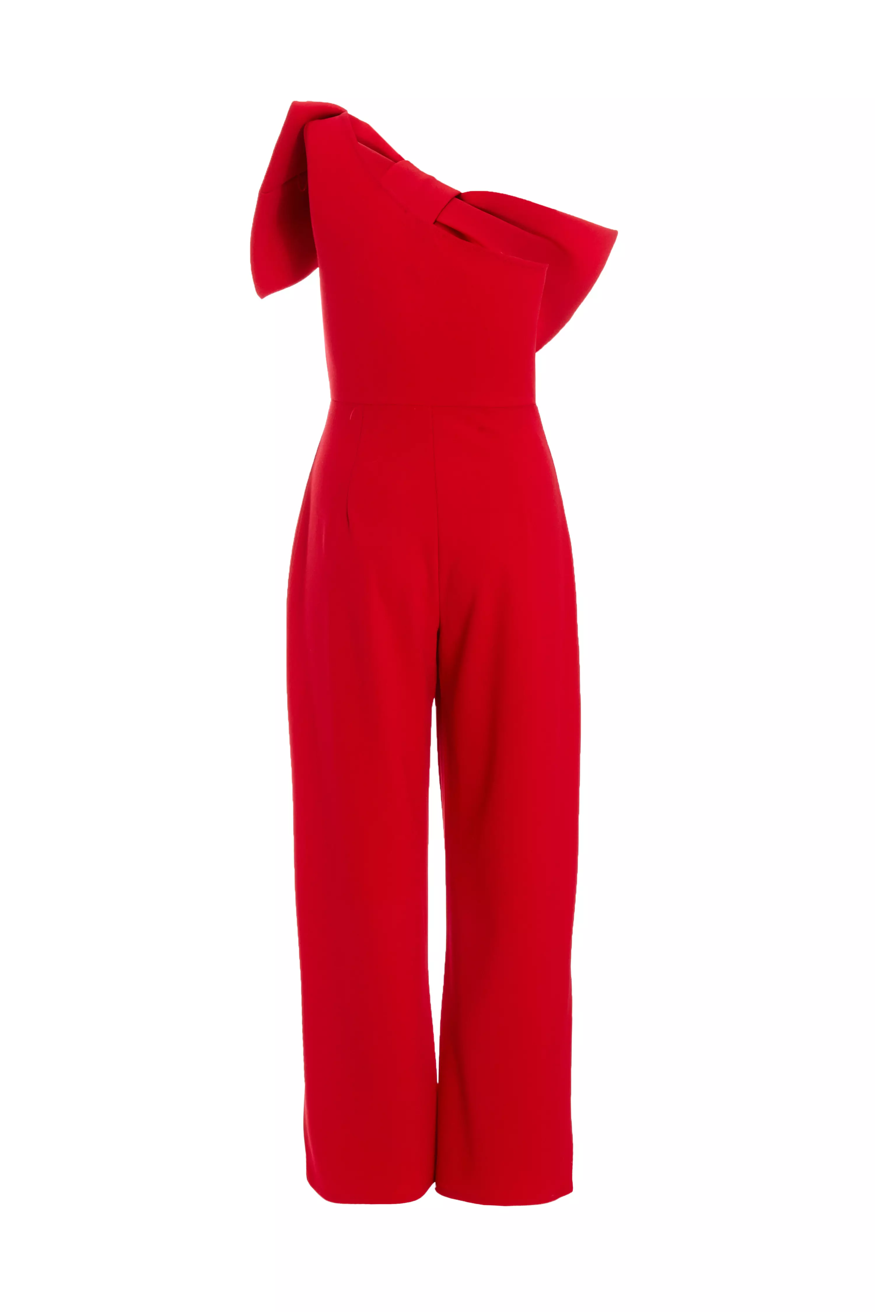 Petite Red One Shoulder Bow Palazzo Jumpsuit