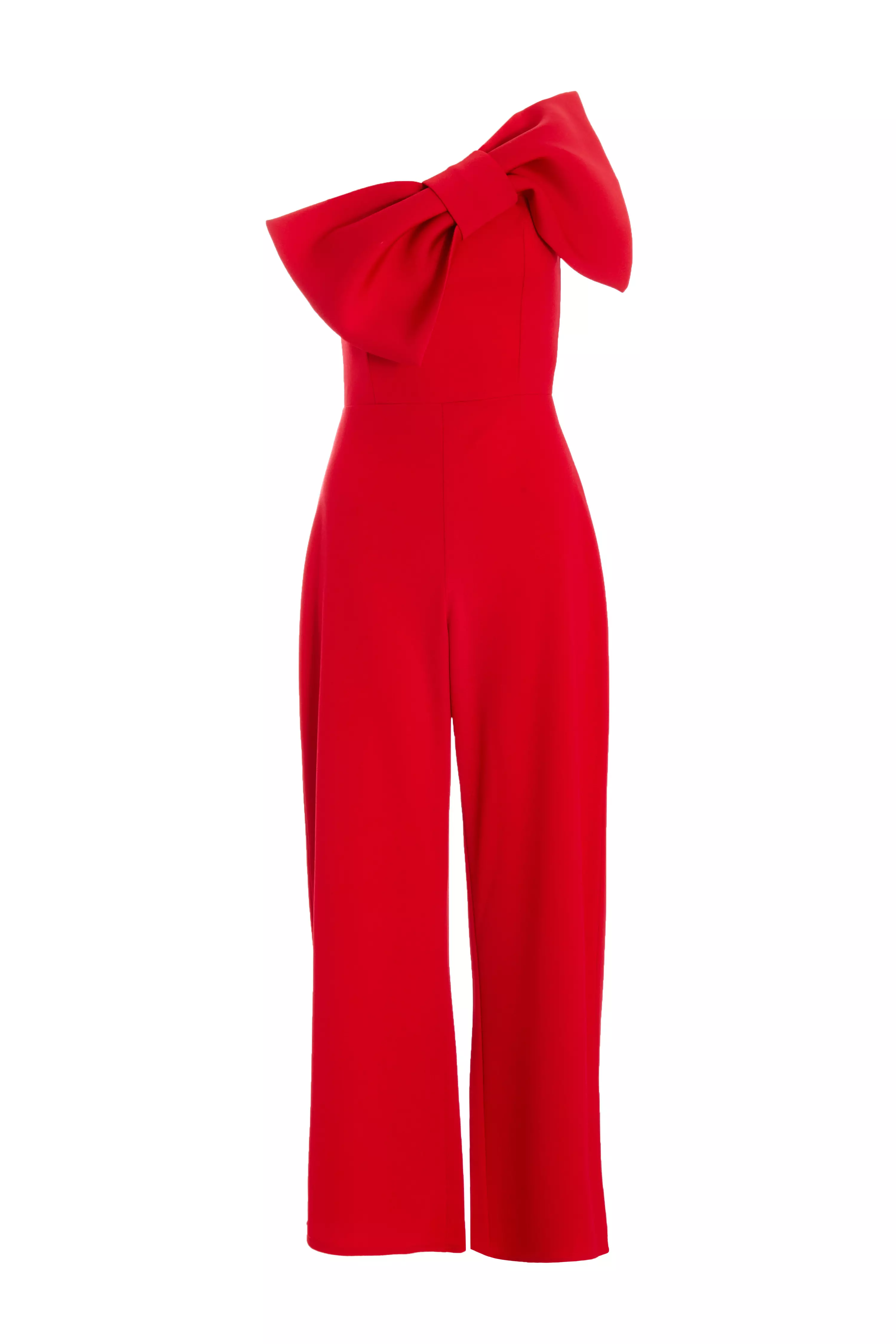 Petite Red One Shoulder Bow Palazzo Jumpsuit