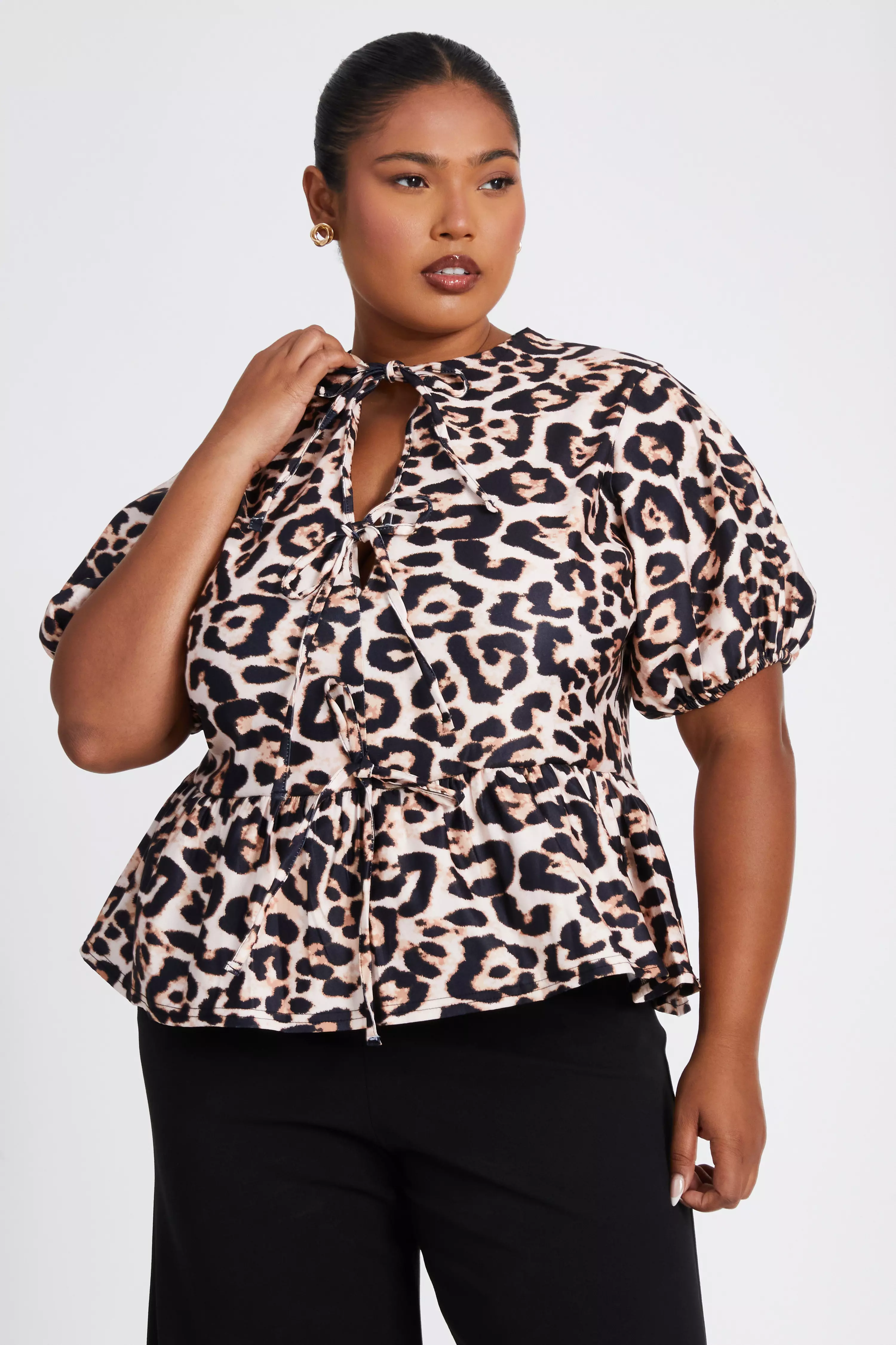 Curve Brown Leopard Print Tie Top