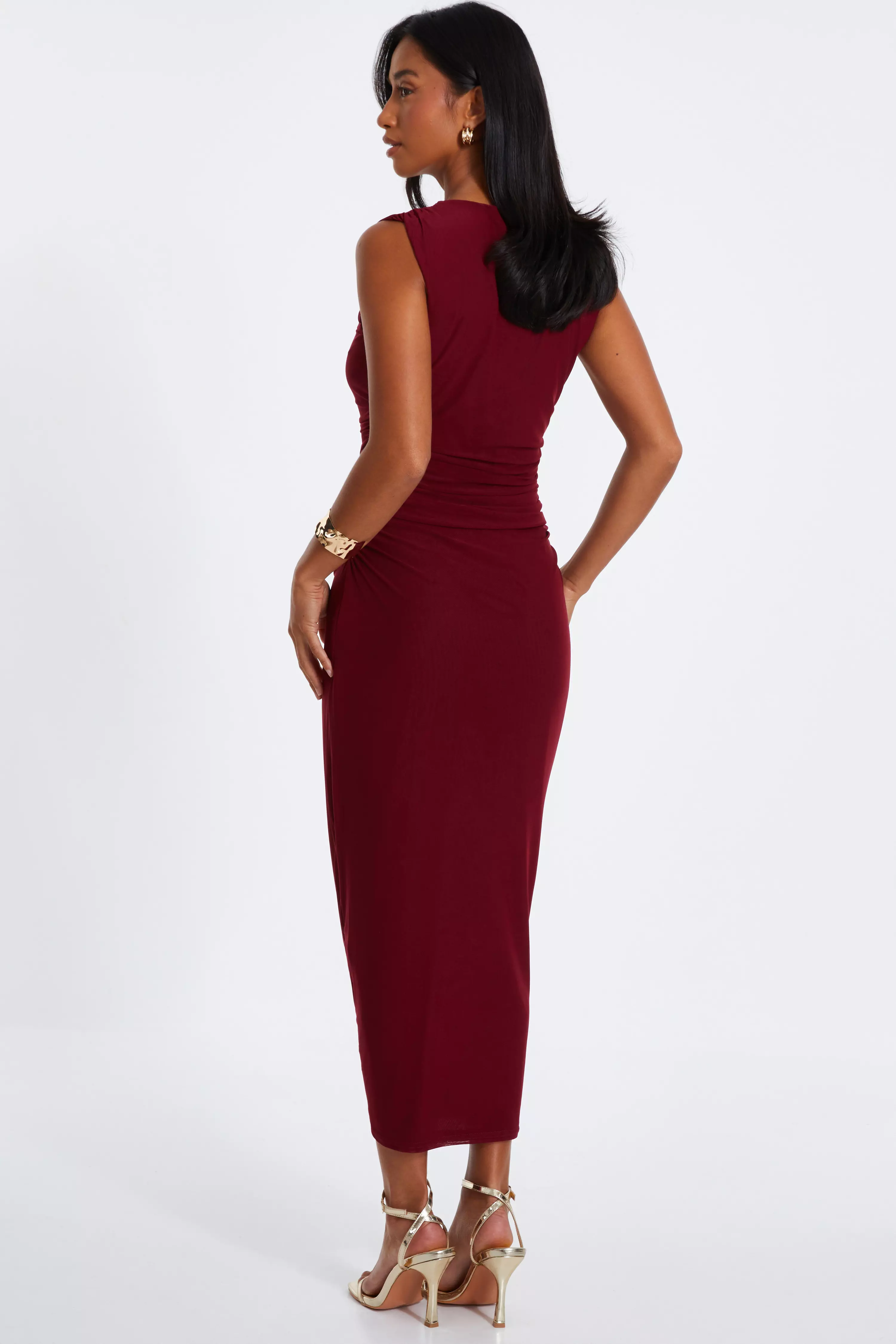 Petite Dark Red Mesh Ruched Midaxi Dress