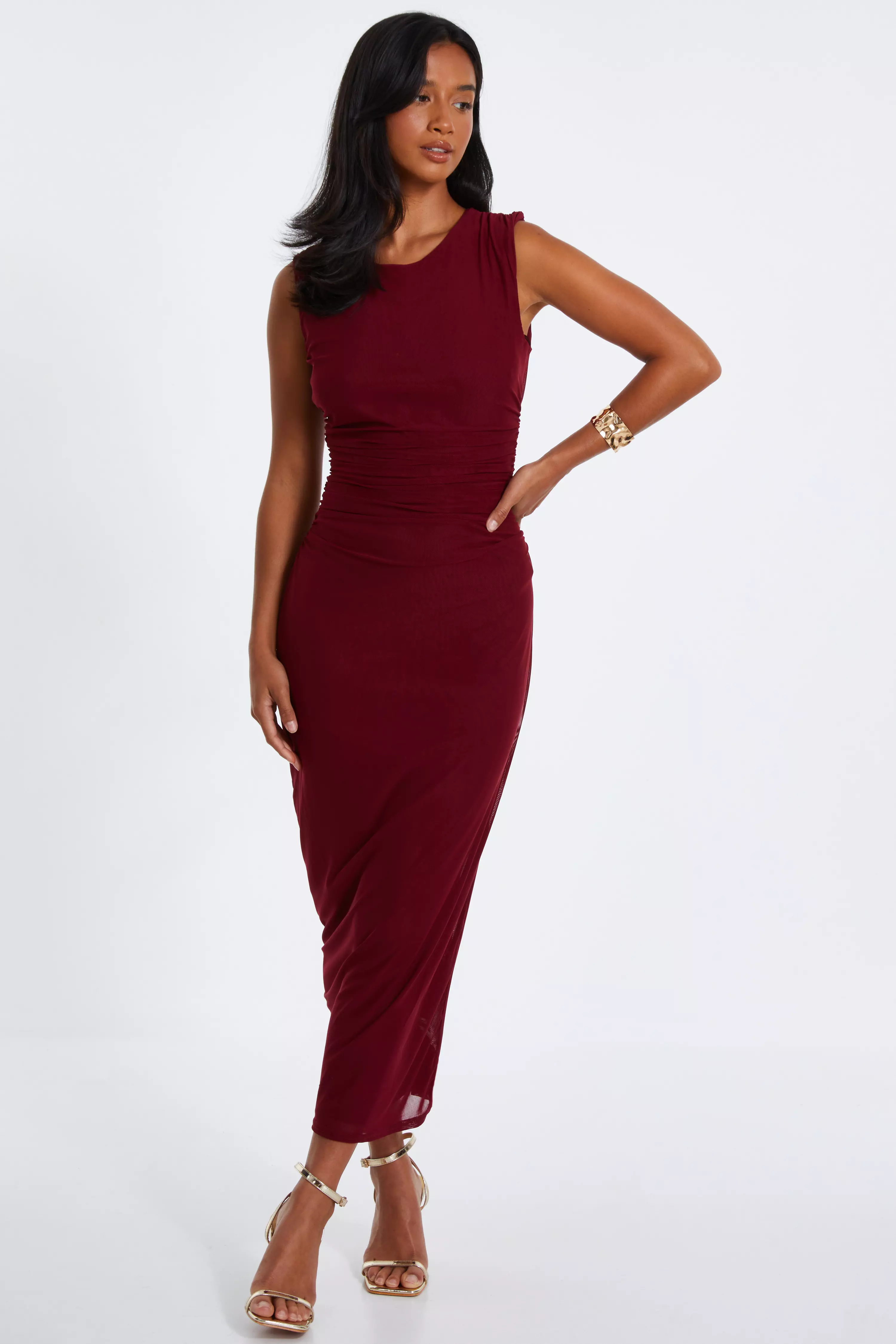 Cold shoulder asymmetric ruched midaxi dress in dark red best sale