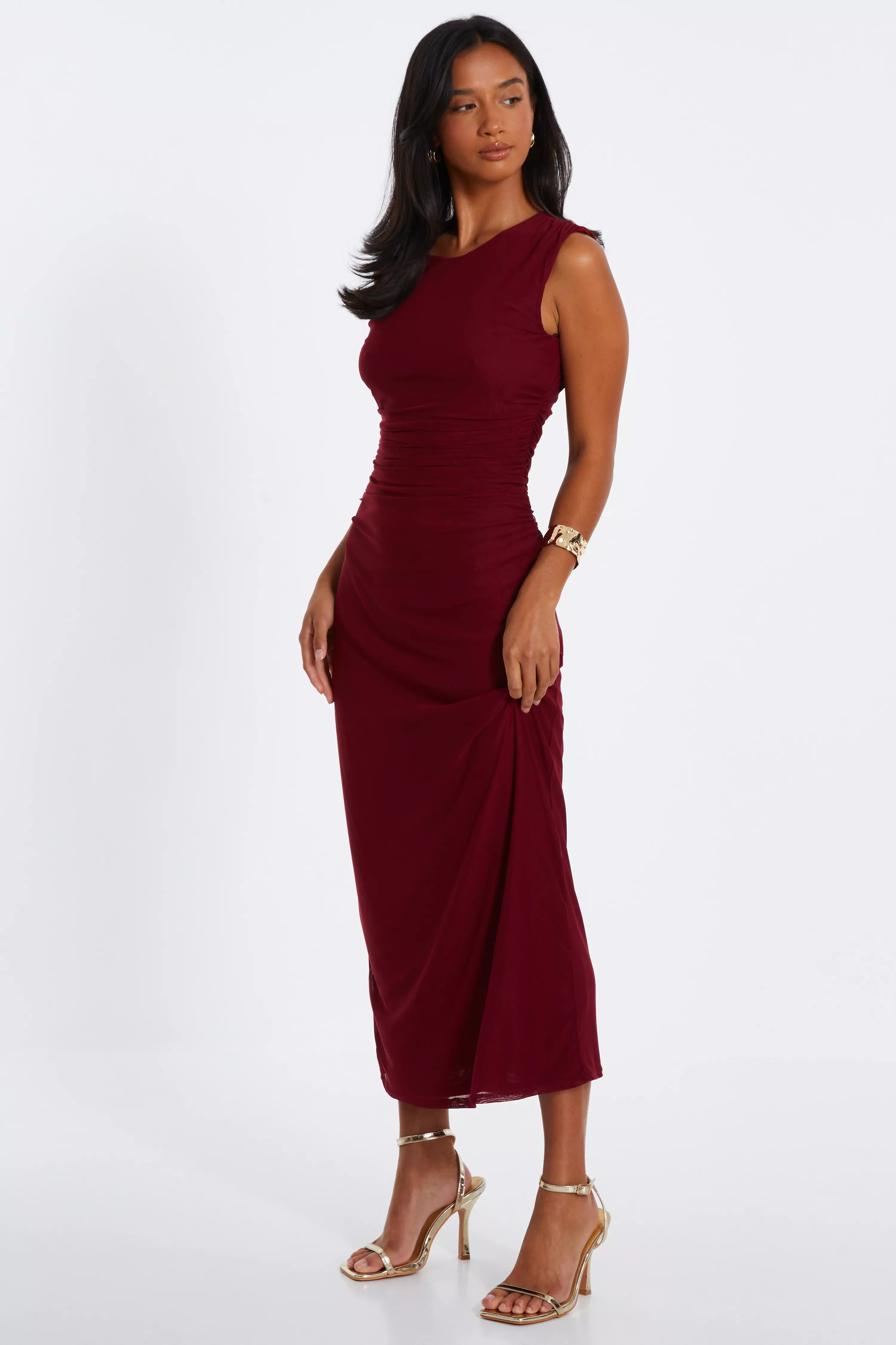 Petite Dark Red Mesh Ruched Midaxi Dress