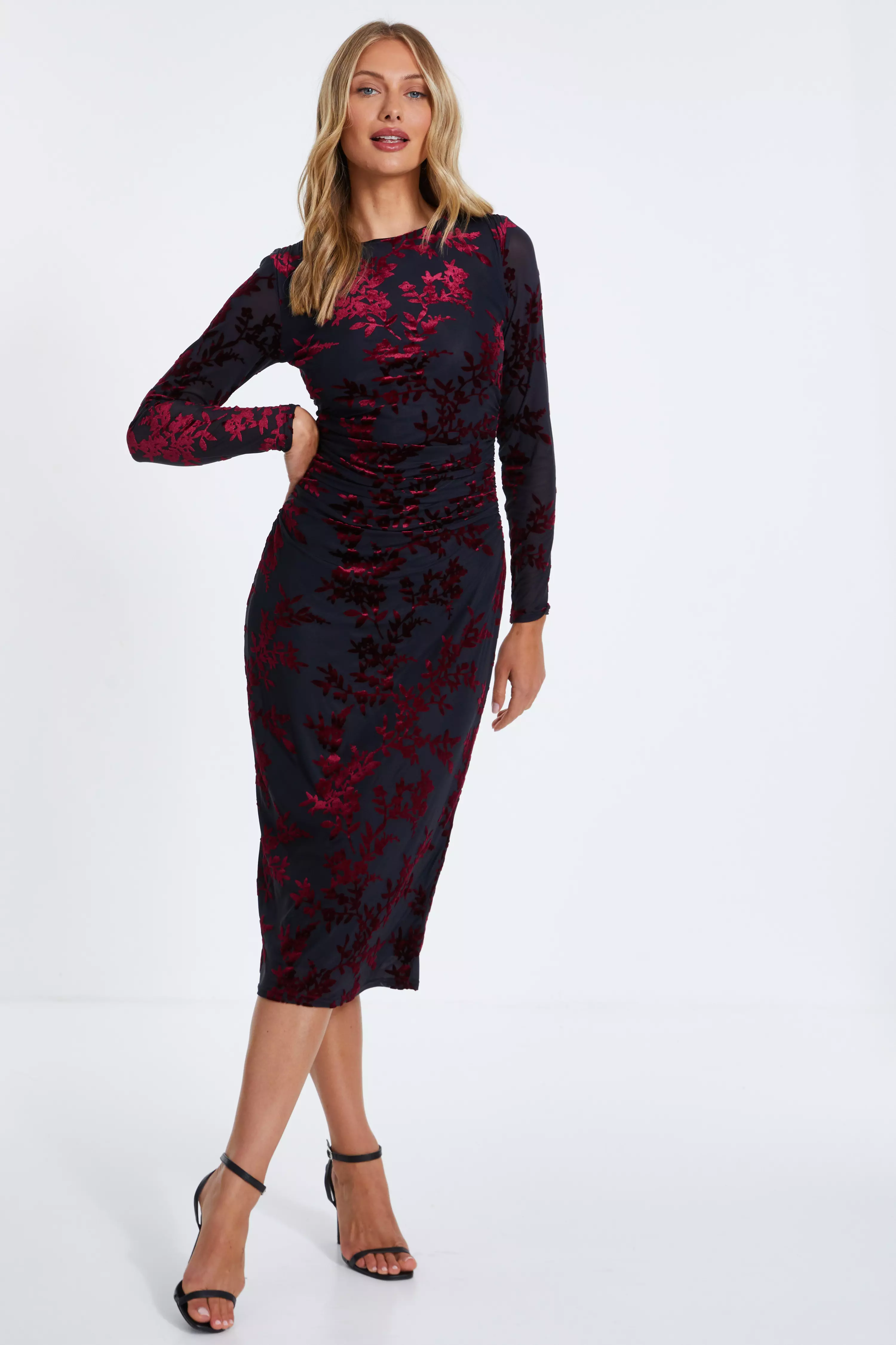 Dark Red Floral Midi Dress