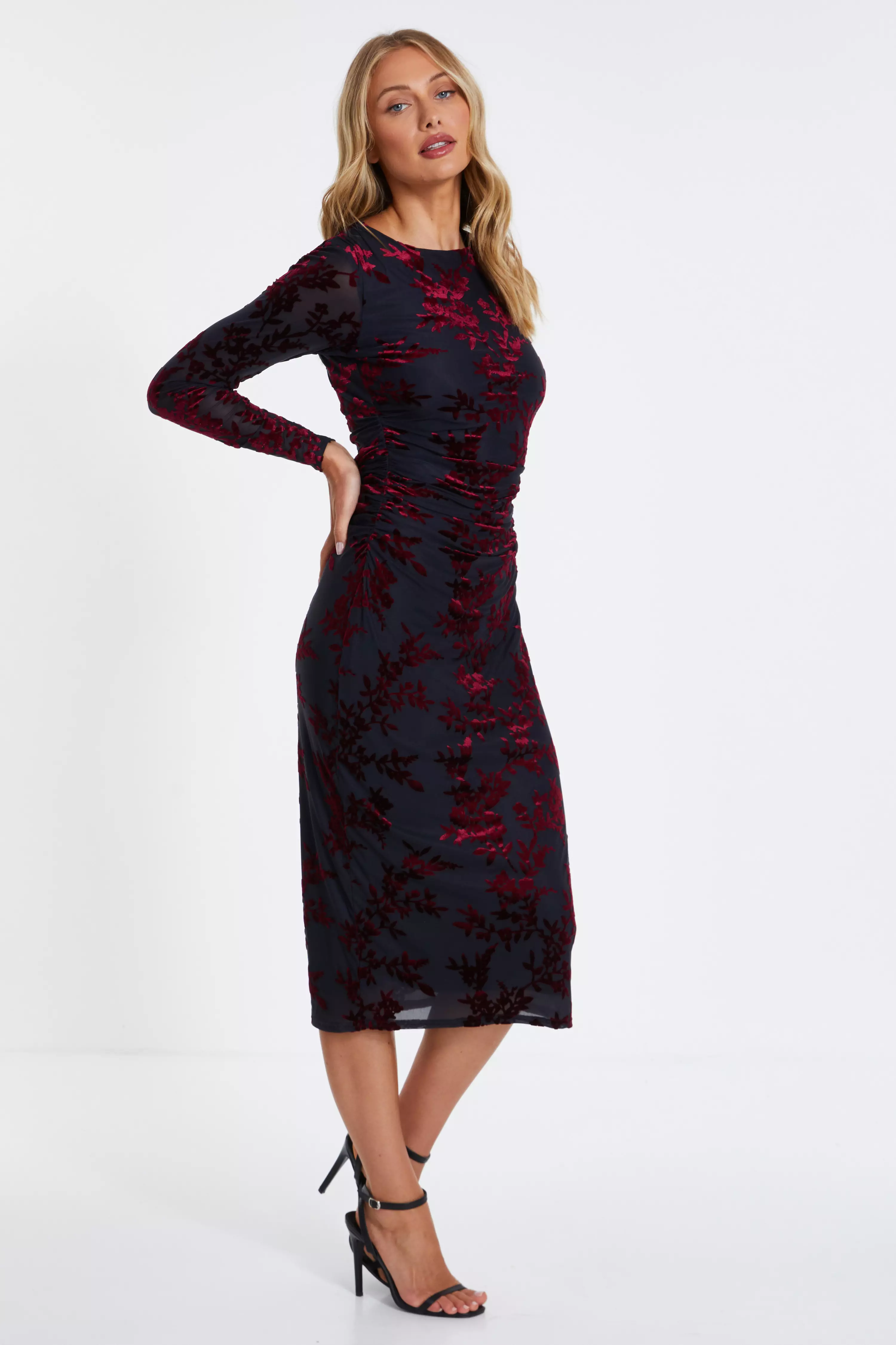 Dark Red Floral Midi Dress