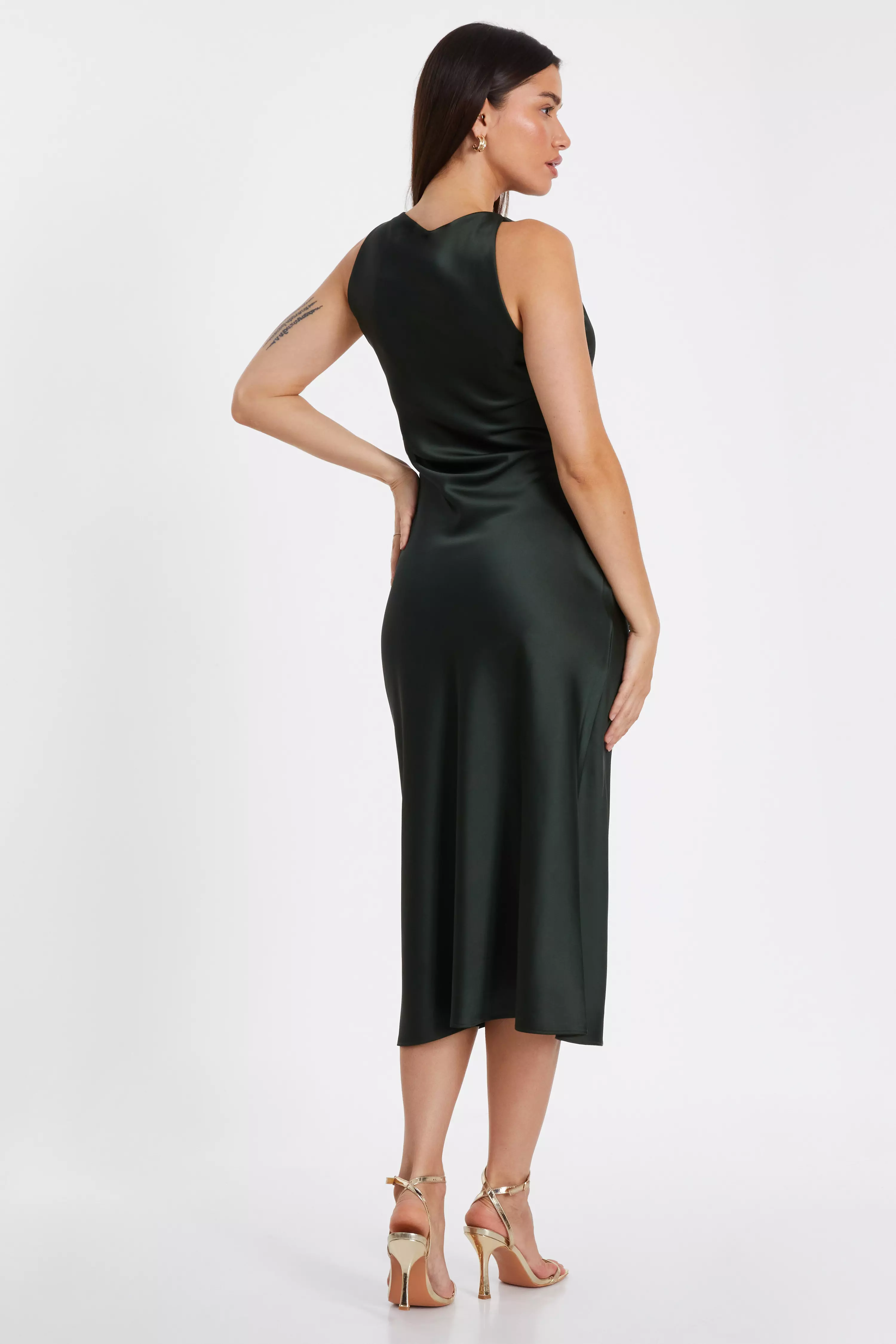 Dark Green Satin Twist Midi Dress