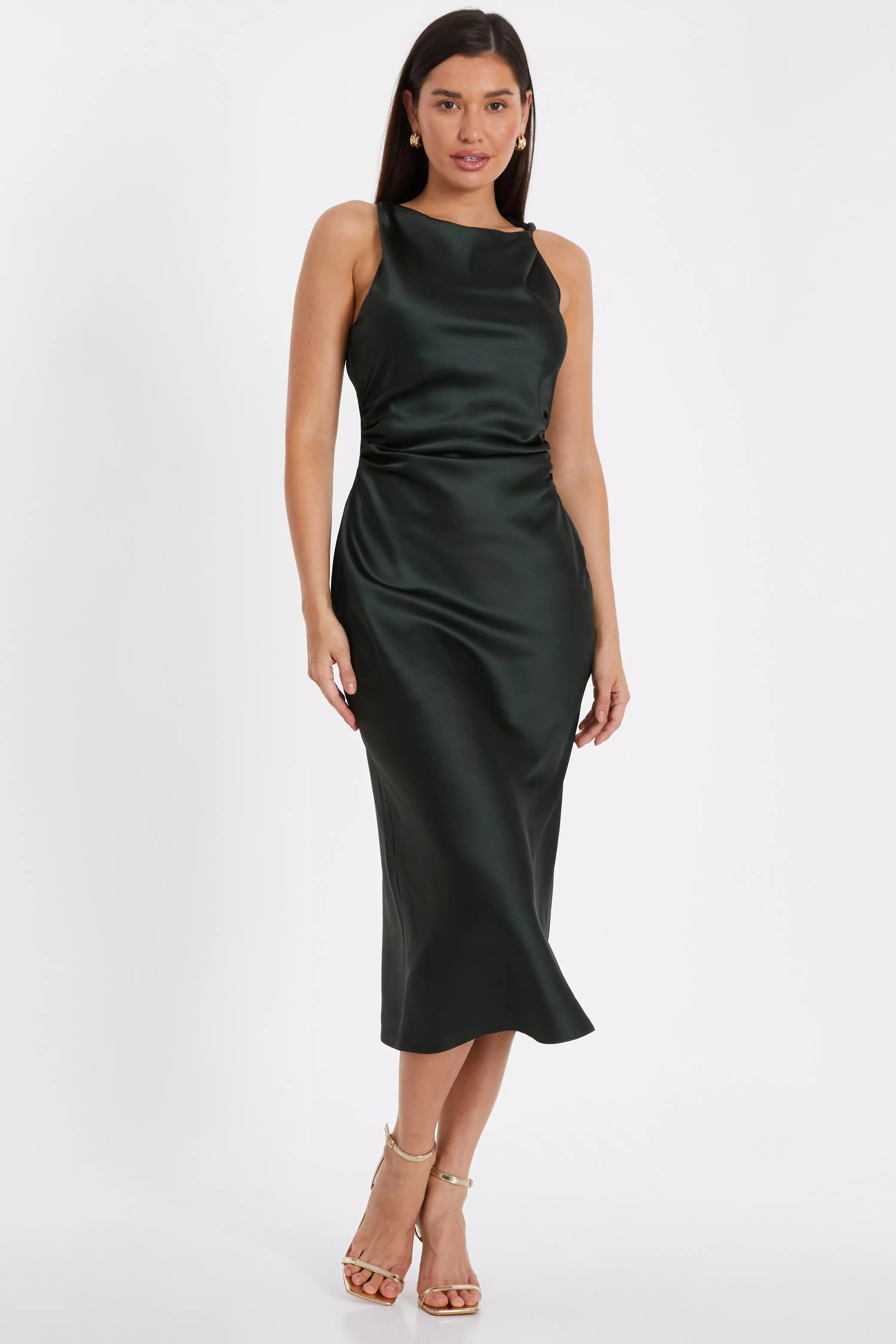 Dark Green Satin Twist Midi Dress