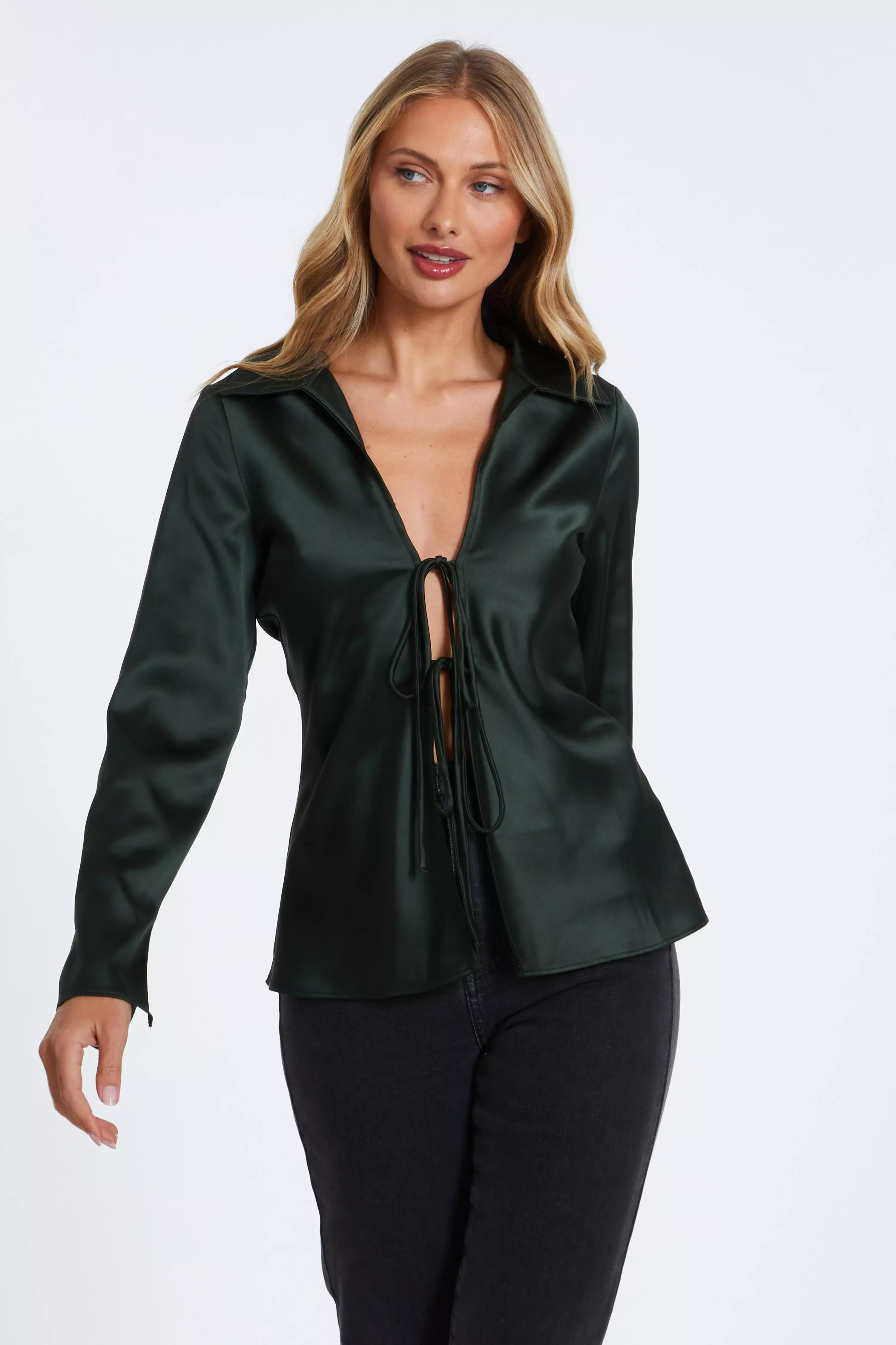 Dark Green Satin Tie Front Top