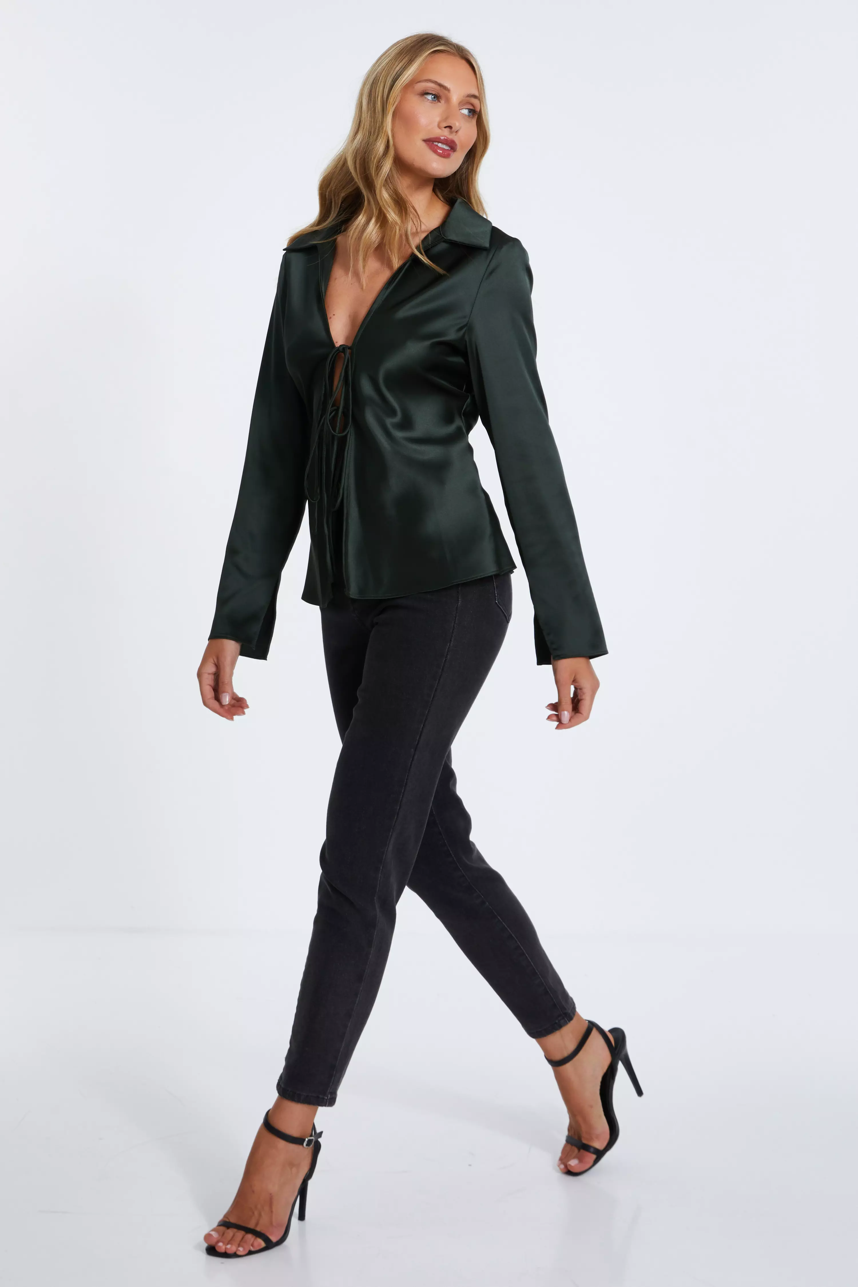 Dark Green Satin Tie Front Top