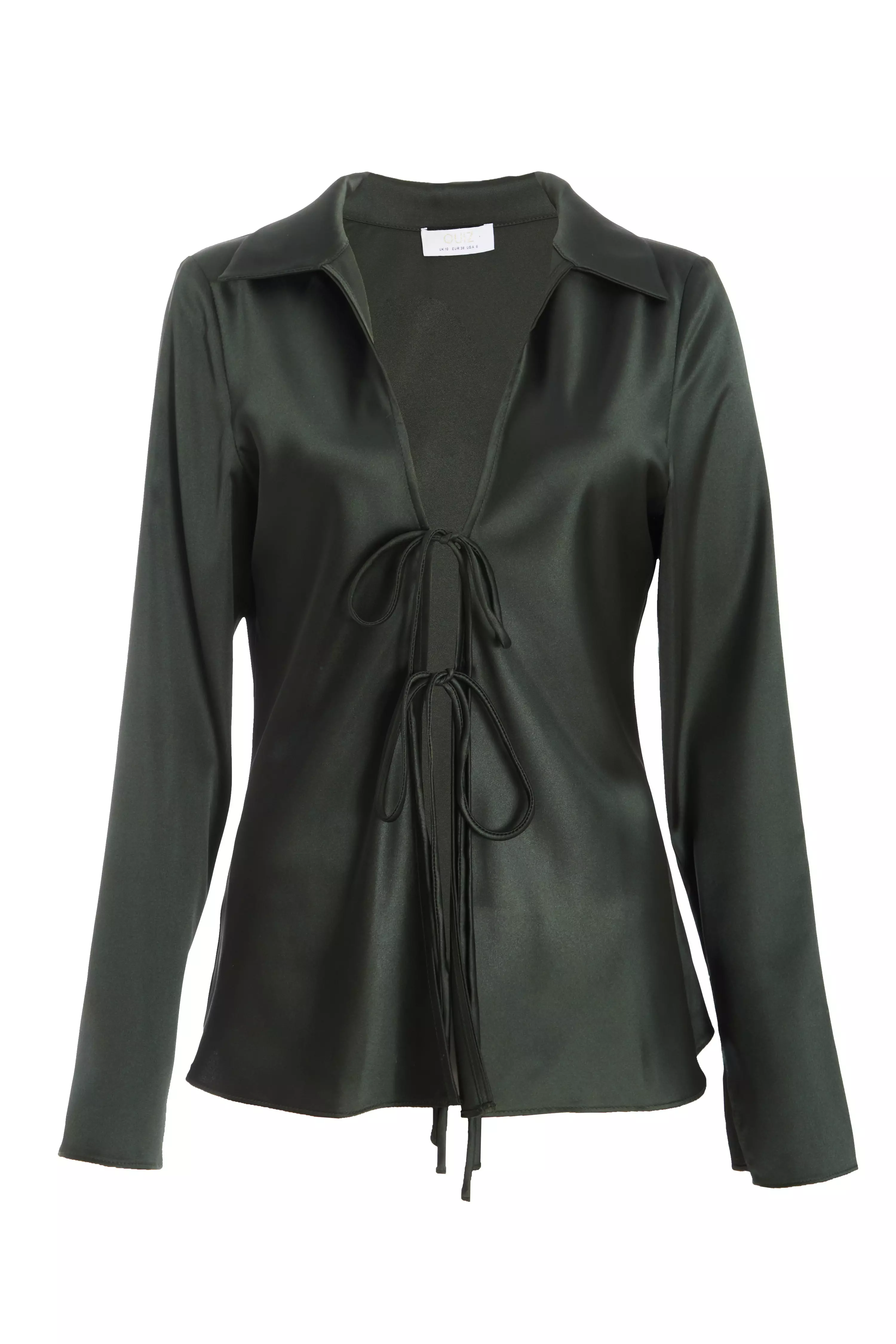 Dark Green Satin Tie Front Top