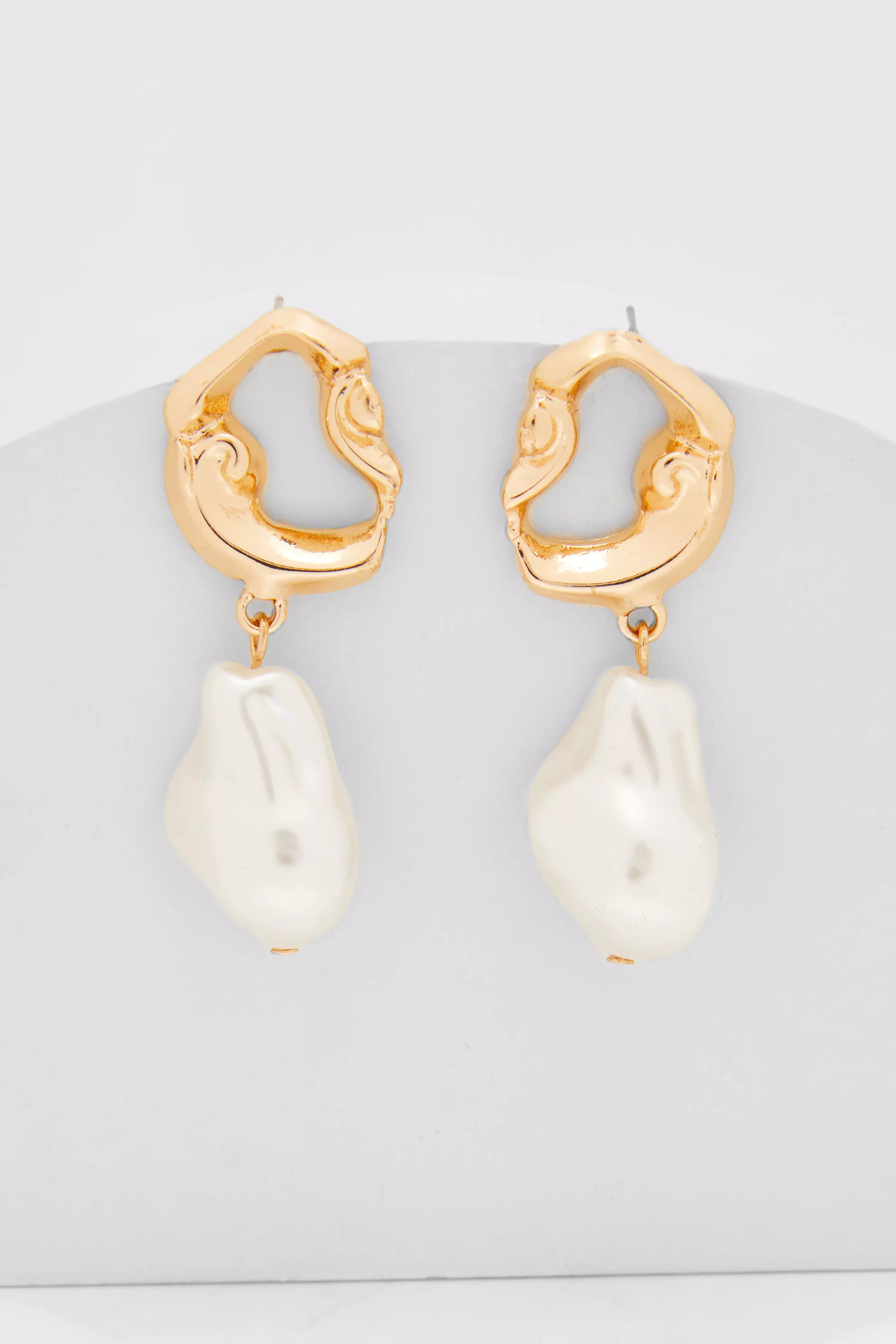 Gold Textured Pearl Drop Earrings 