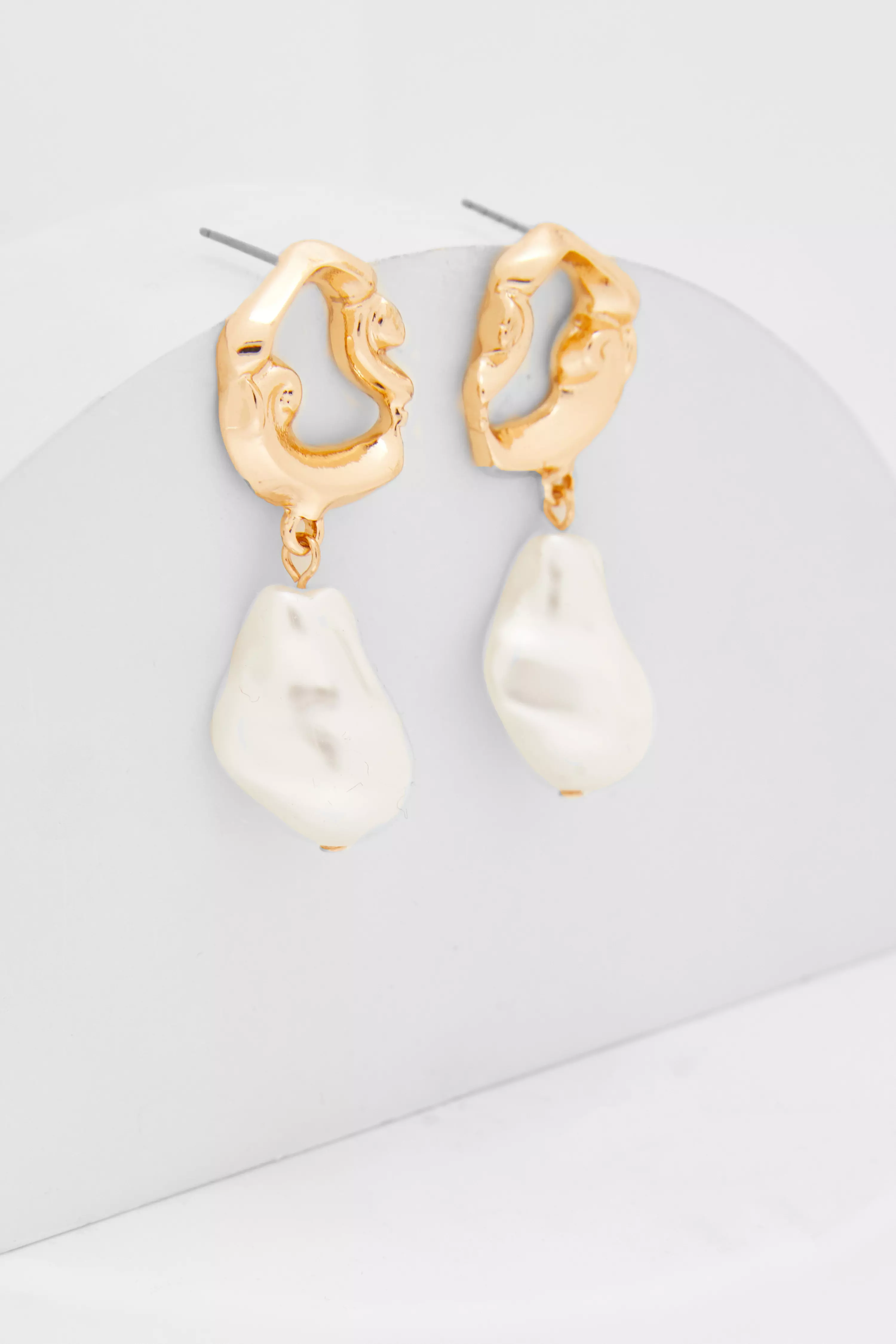 Gold Textured Pearl Drop Earrings 