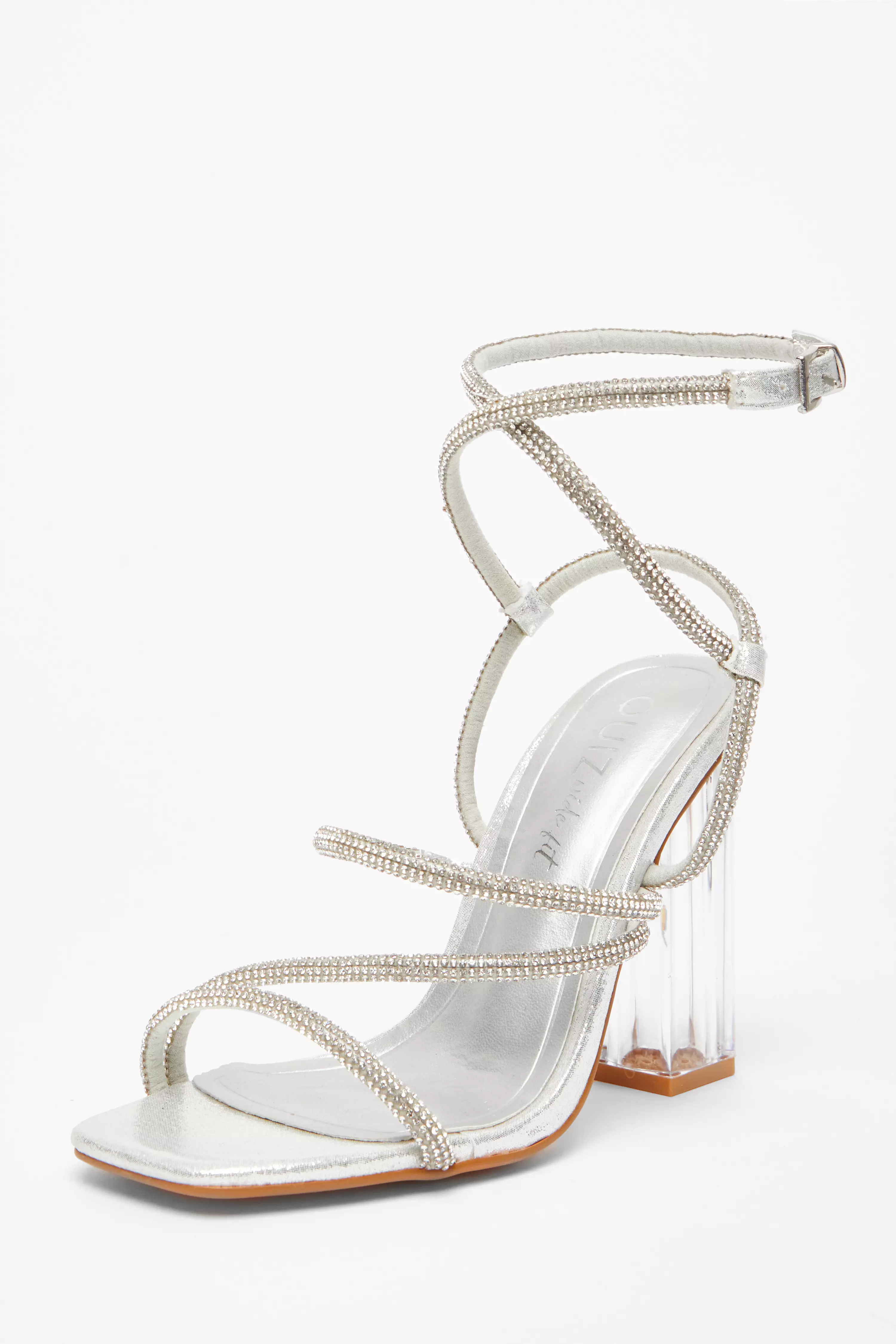 Wide Fit Silver Diamante Heeled Sandals