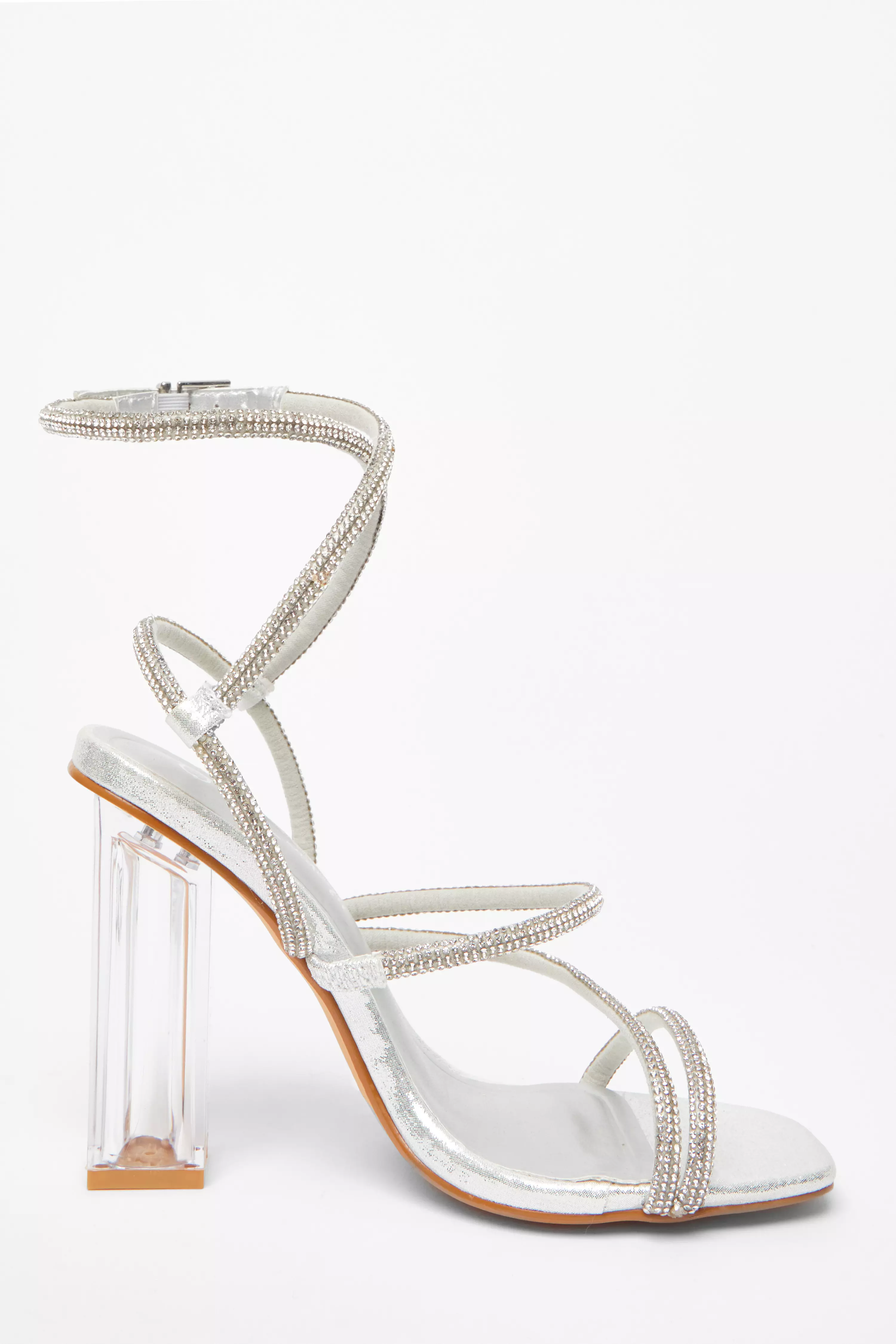 Wide Fit Silver Diamante Heeled Sandals