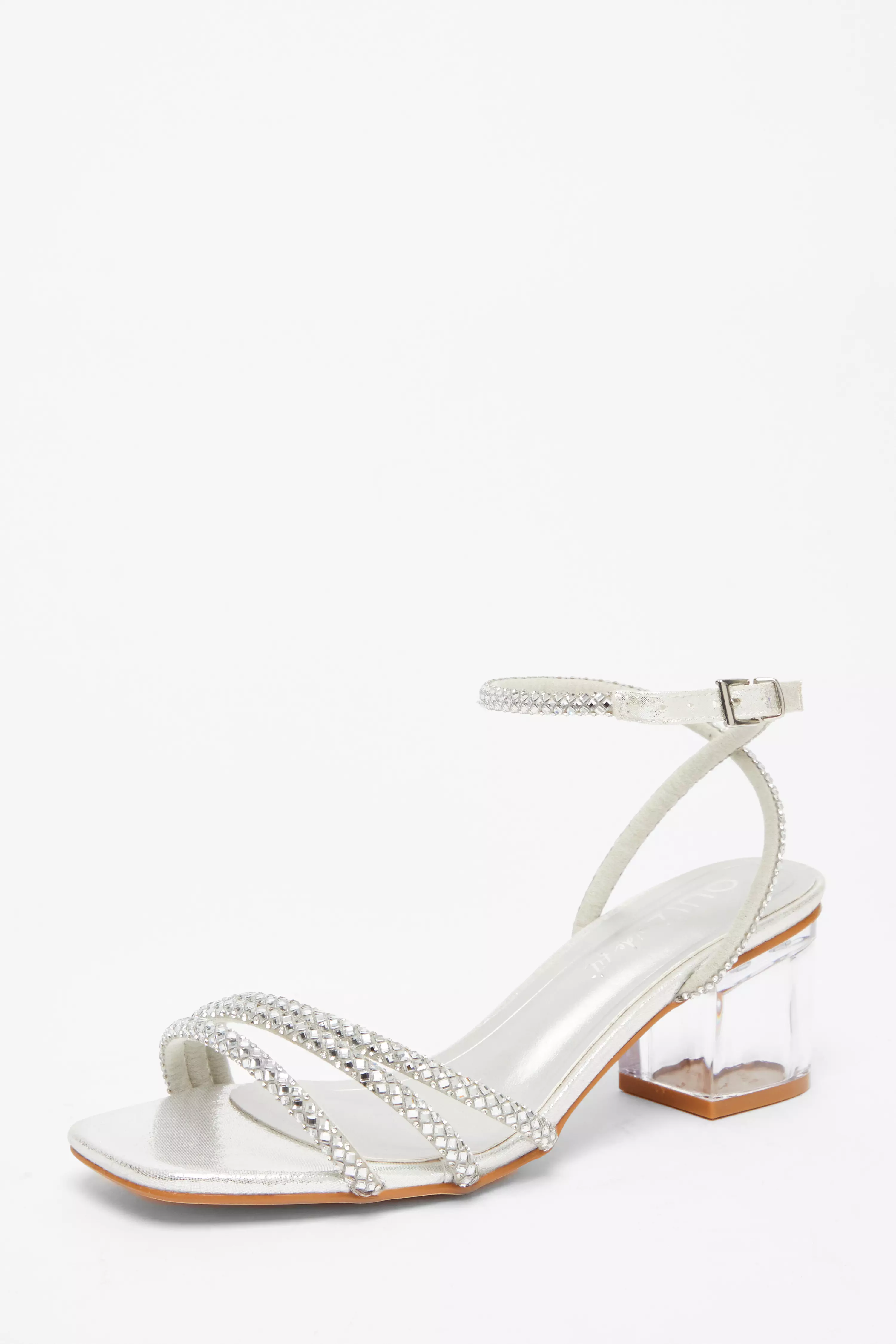 Wide Fit Silver Diamante Low Heeled Sandal