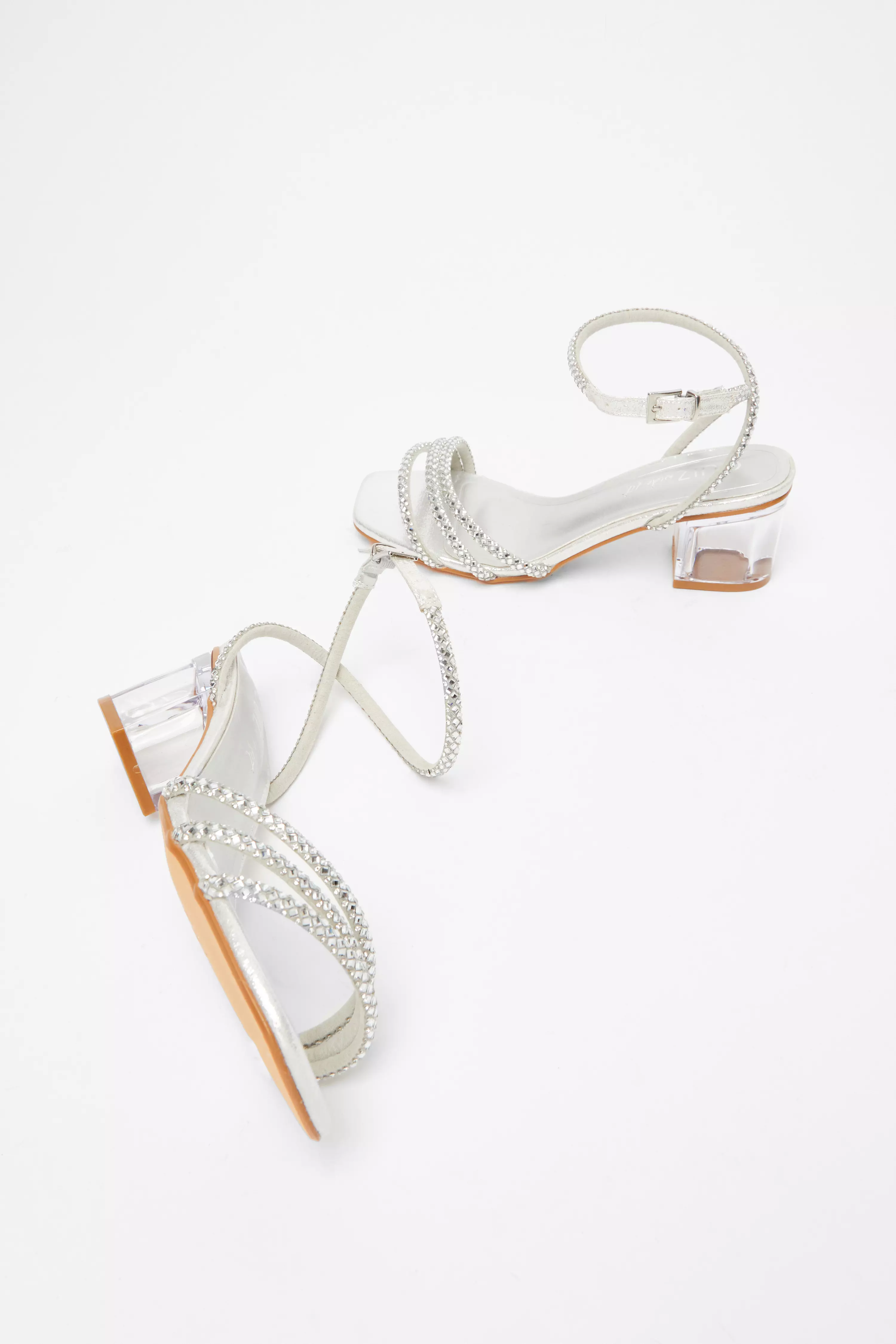 Wide Fit Silver Diamante Low Heeled Sandal