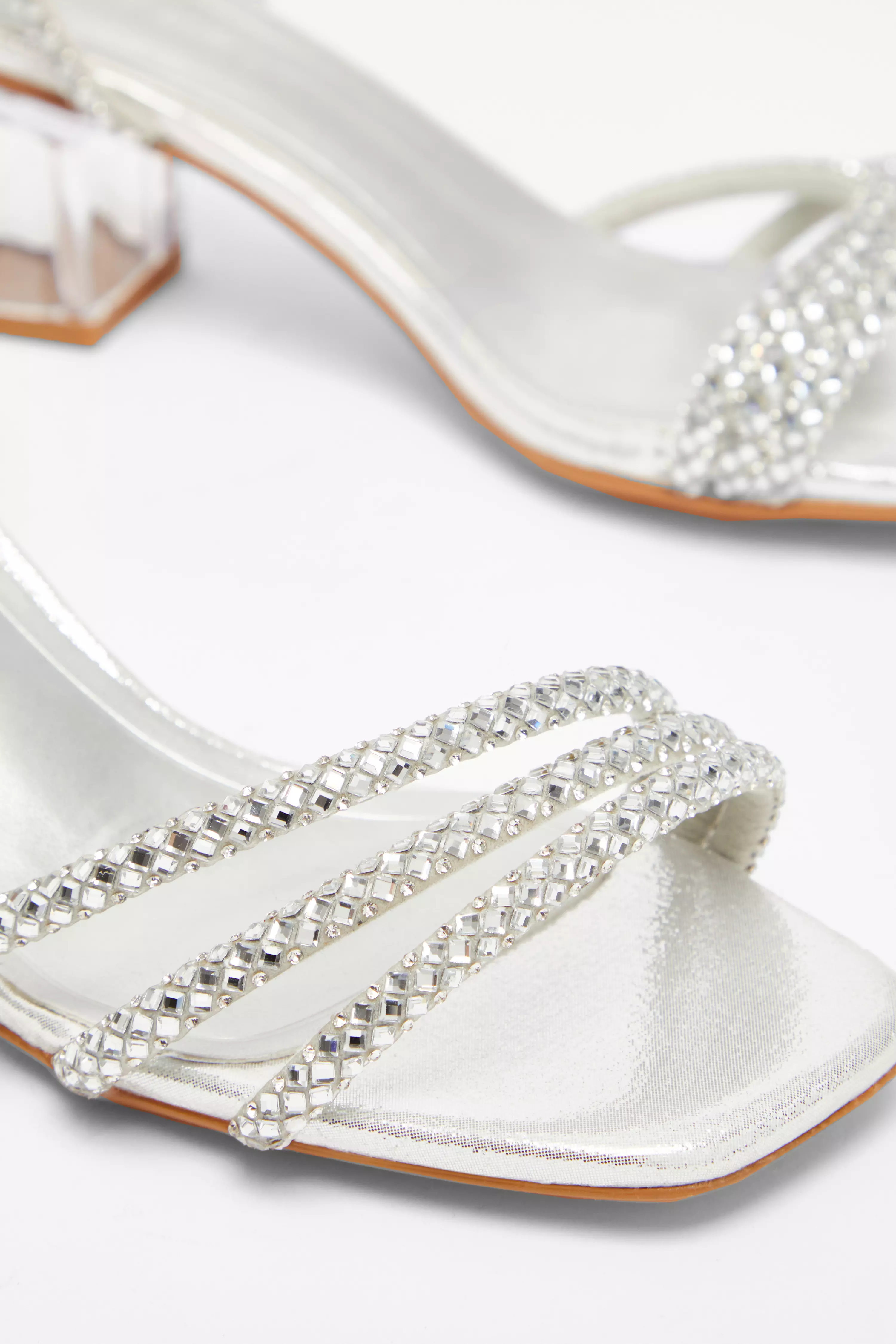 Wide Fit Silver Diamante Low Heeled Sandal