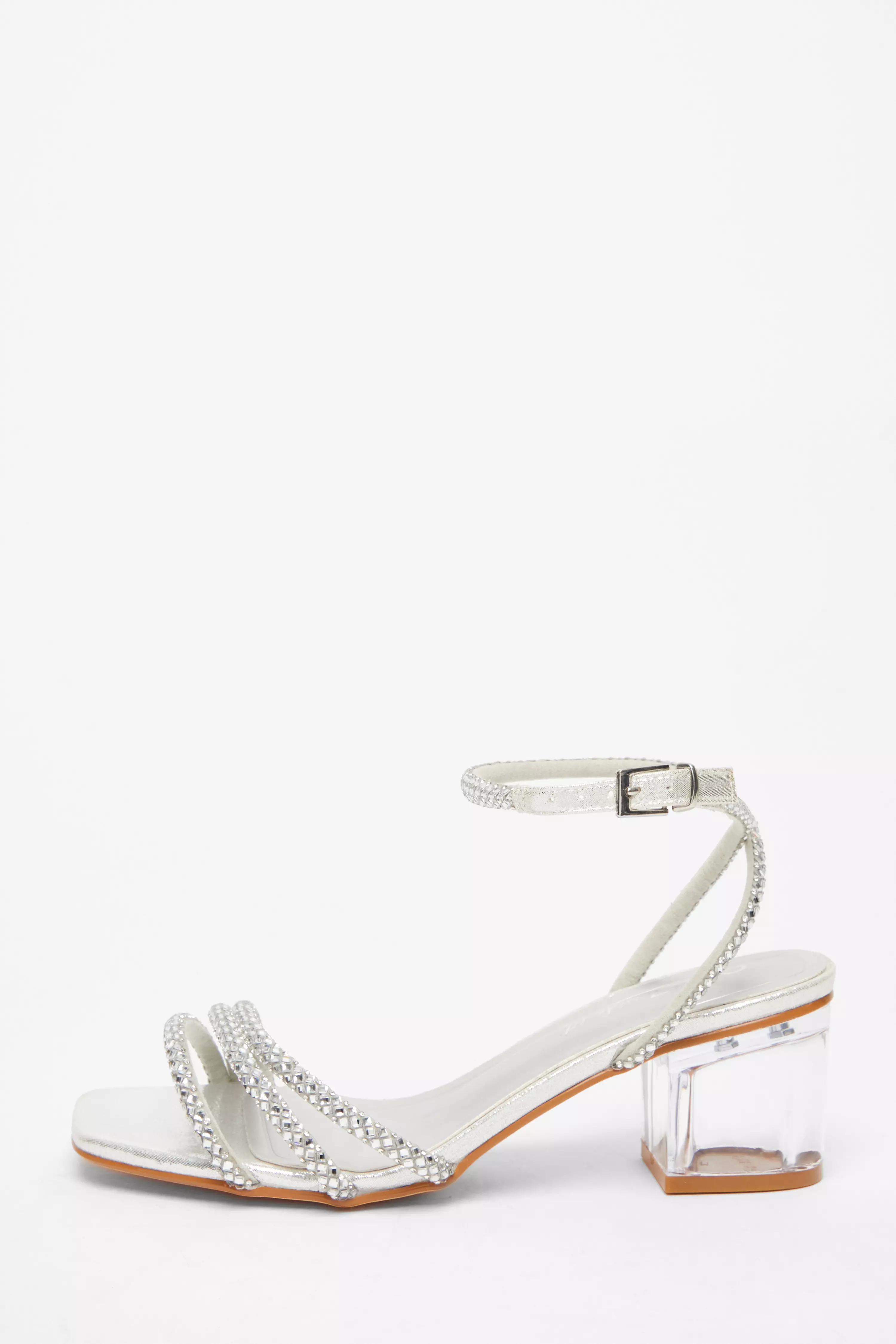 Wide Fit Silver Diamante Low Heeled Sandal