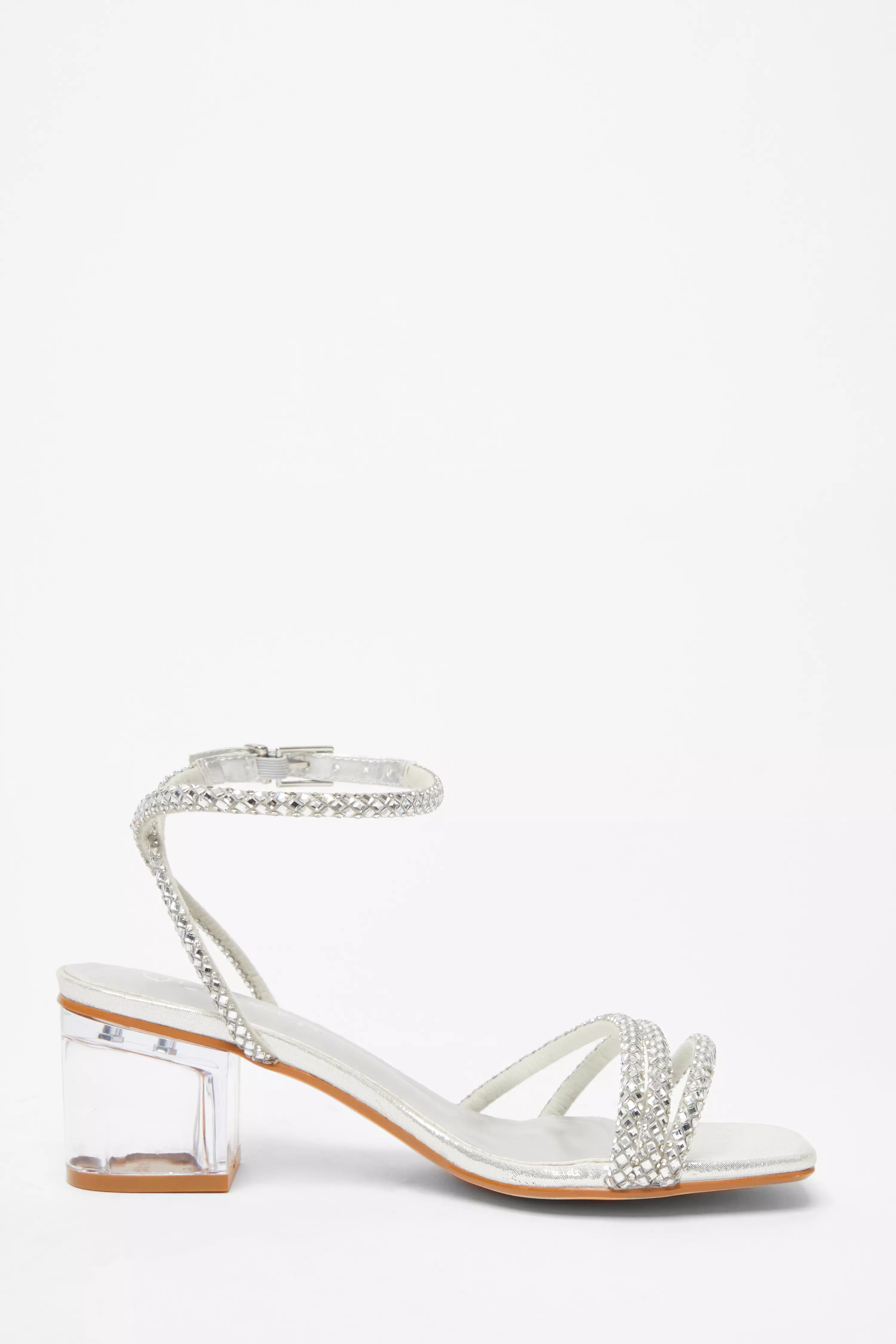 Wide Fit Silver Diamante Low Heeled Sandal