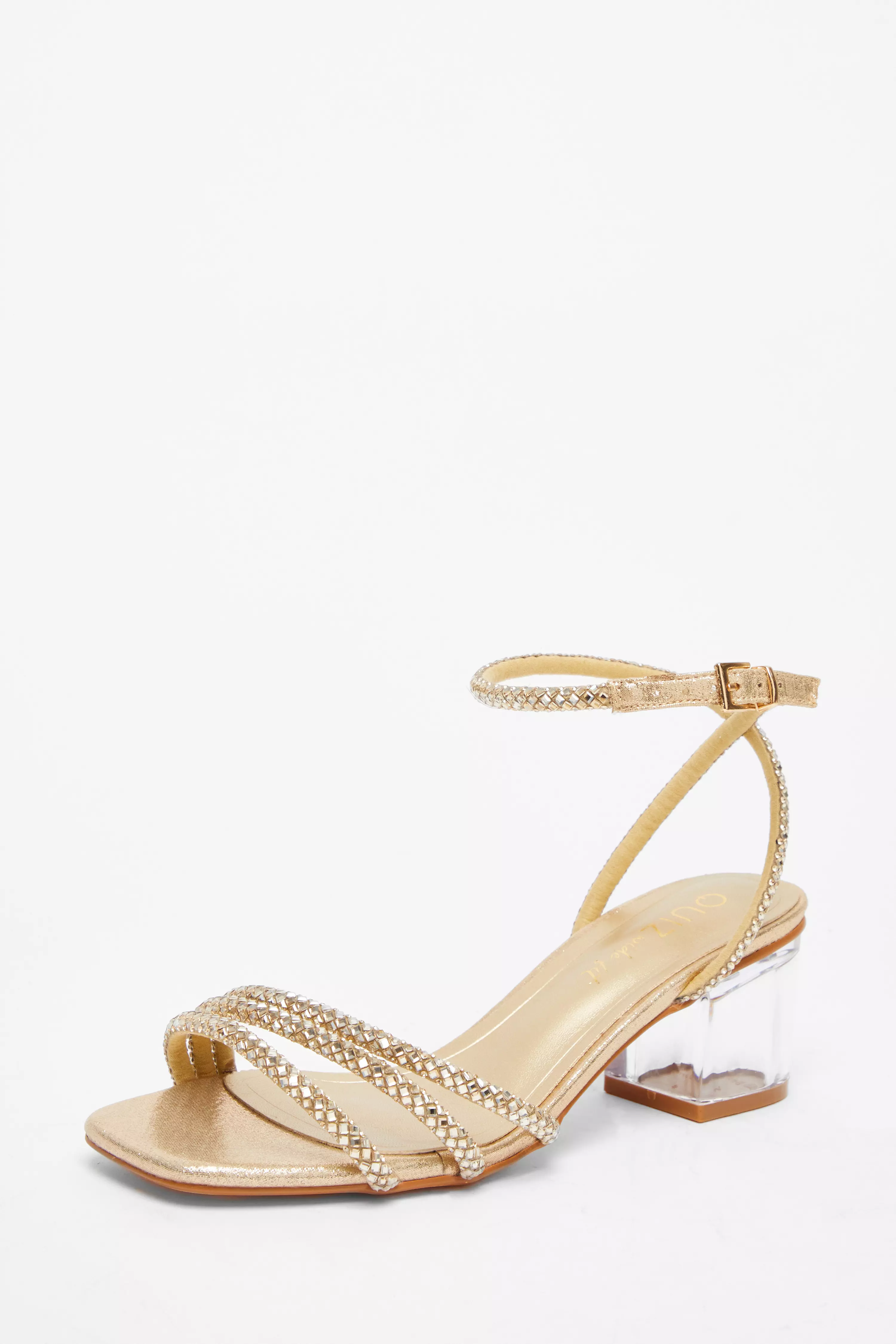 Wide Fit Gold Diamante Low Heeled Sandal