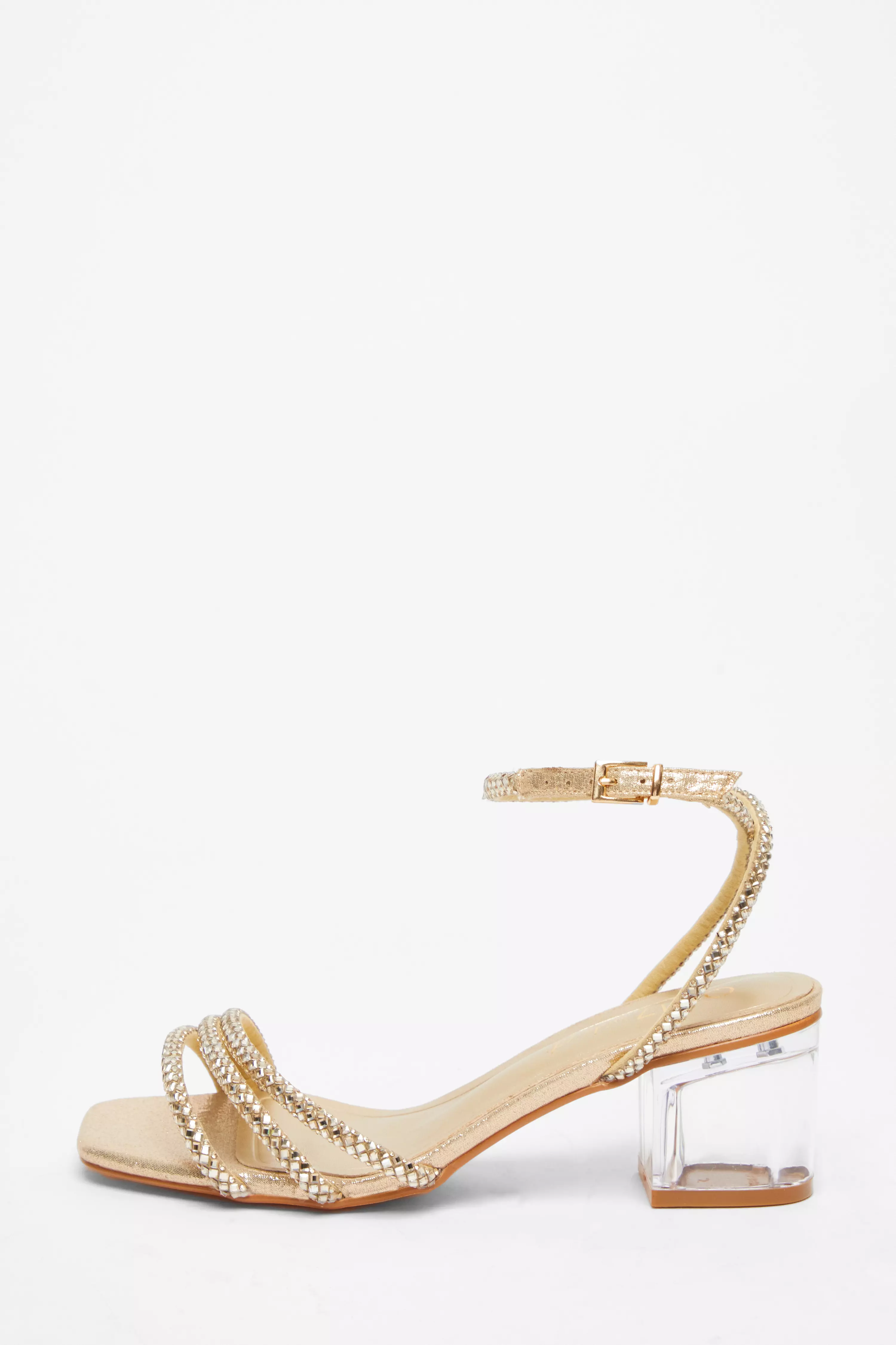 Wide Fit Gold Diamante Low Heeled Sandal