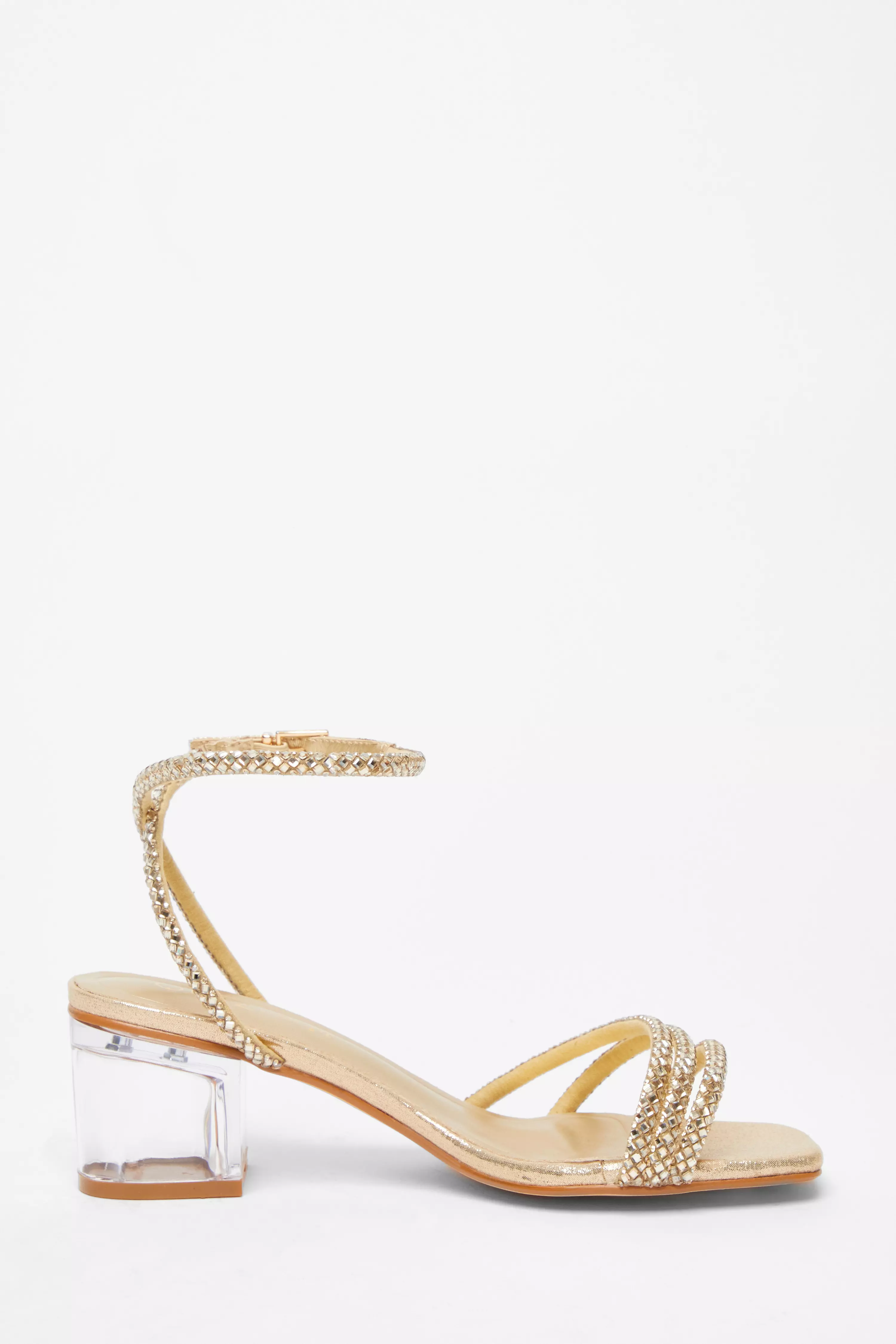 Wide Fit Gold Diamante Low Heeled Sandal