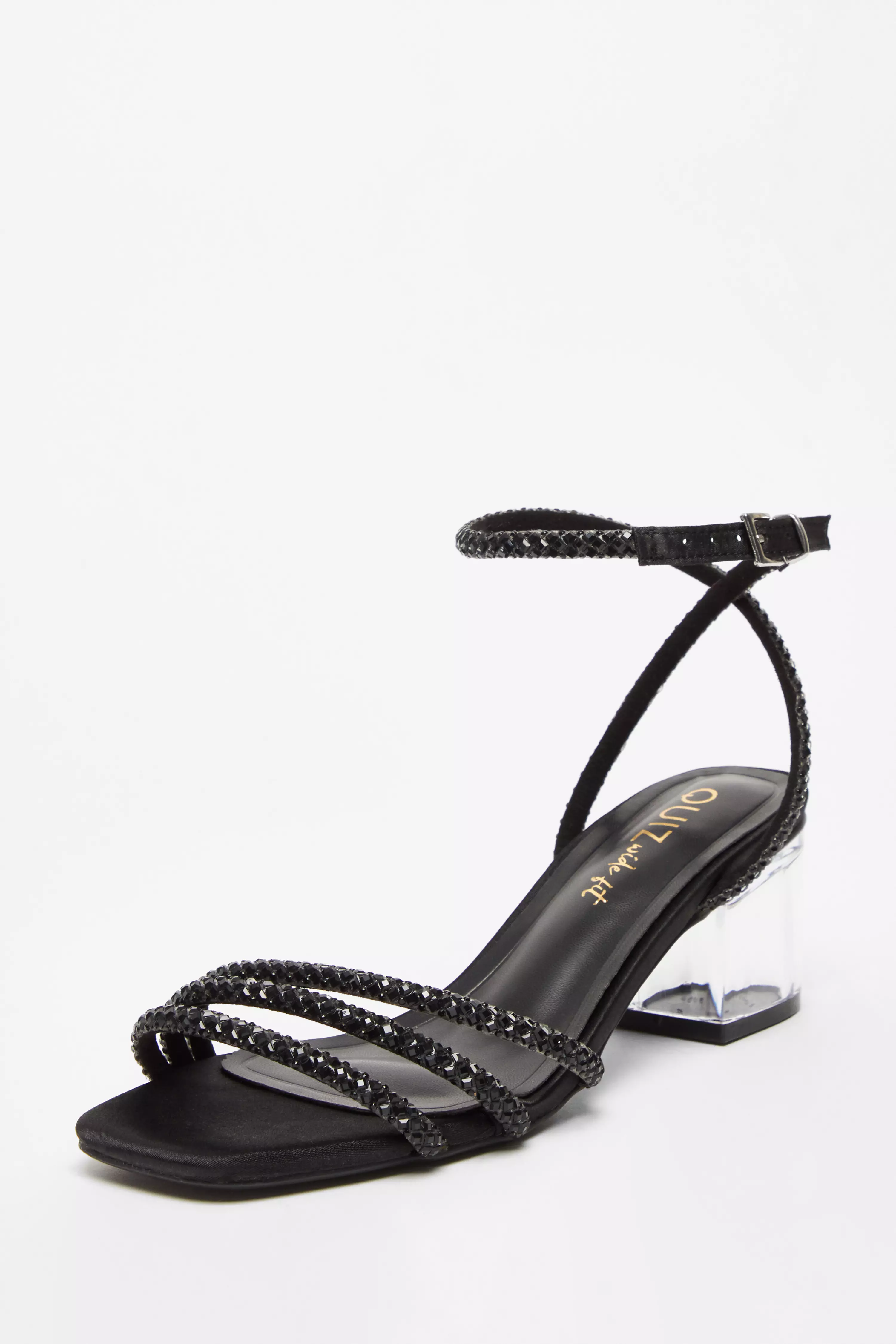 Wide Fit Black Diamante Low Heeled Sandal