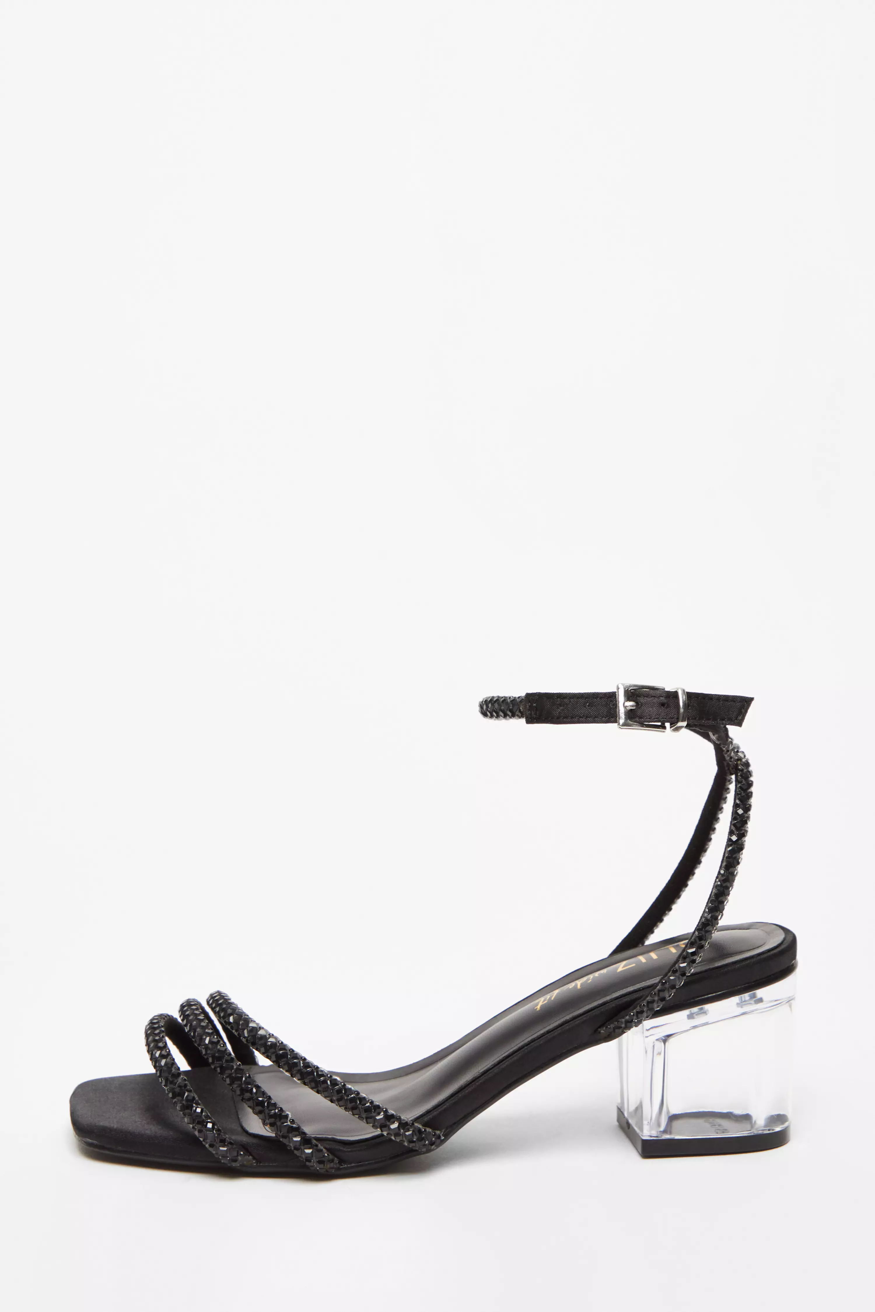 Wide Fit Black Diamante Low Heeled Sandal