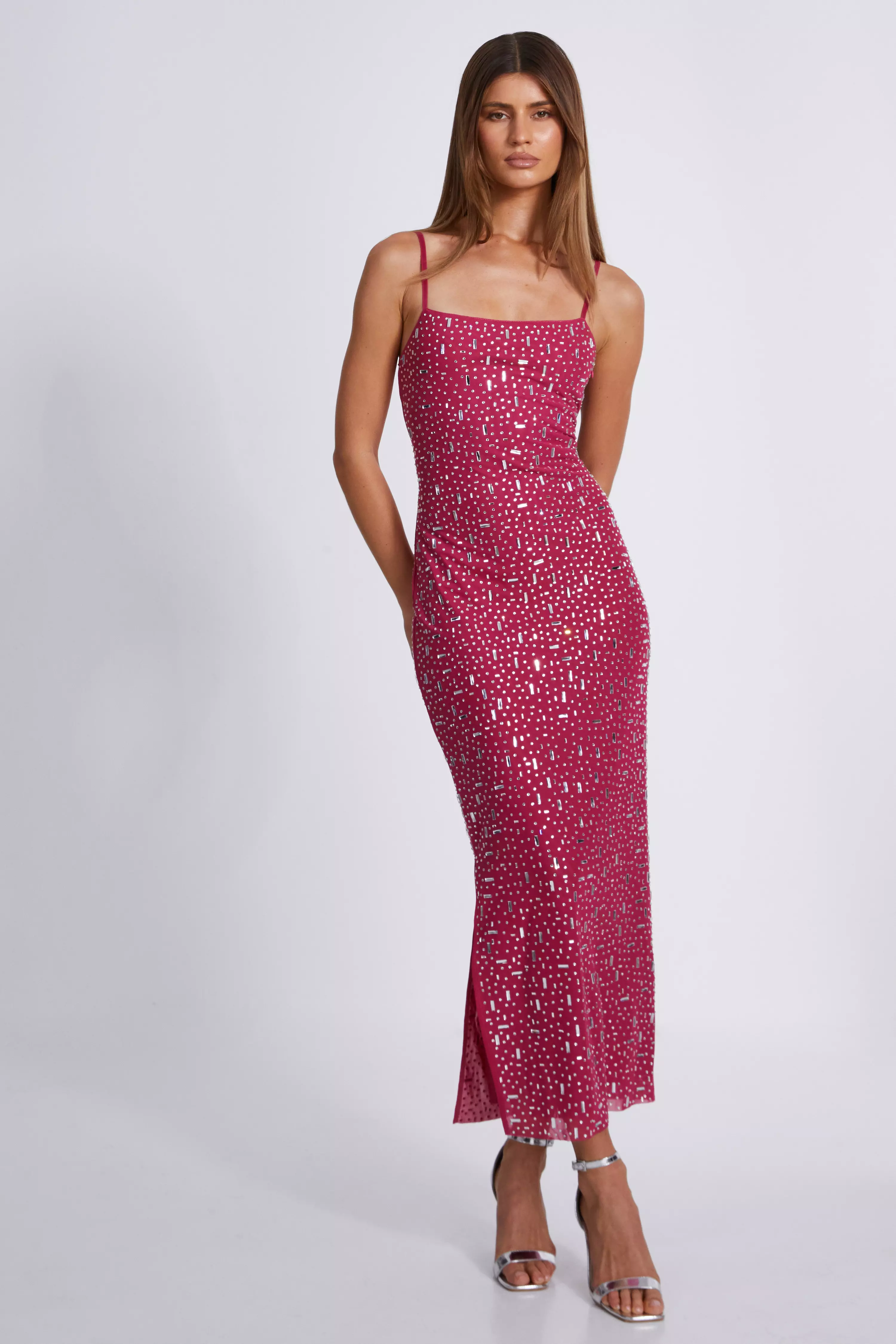 Dark Red Square Neck Embellished Maxi Dress