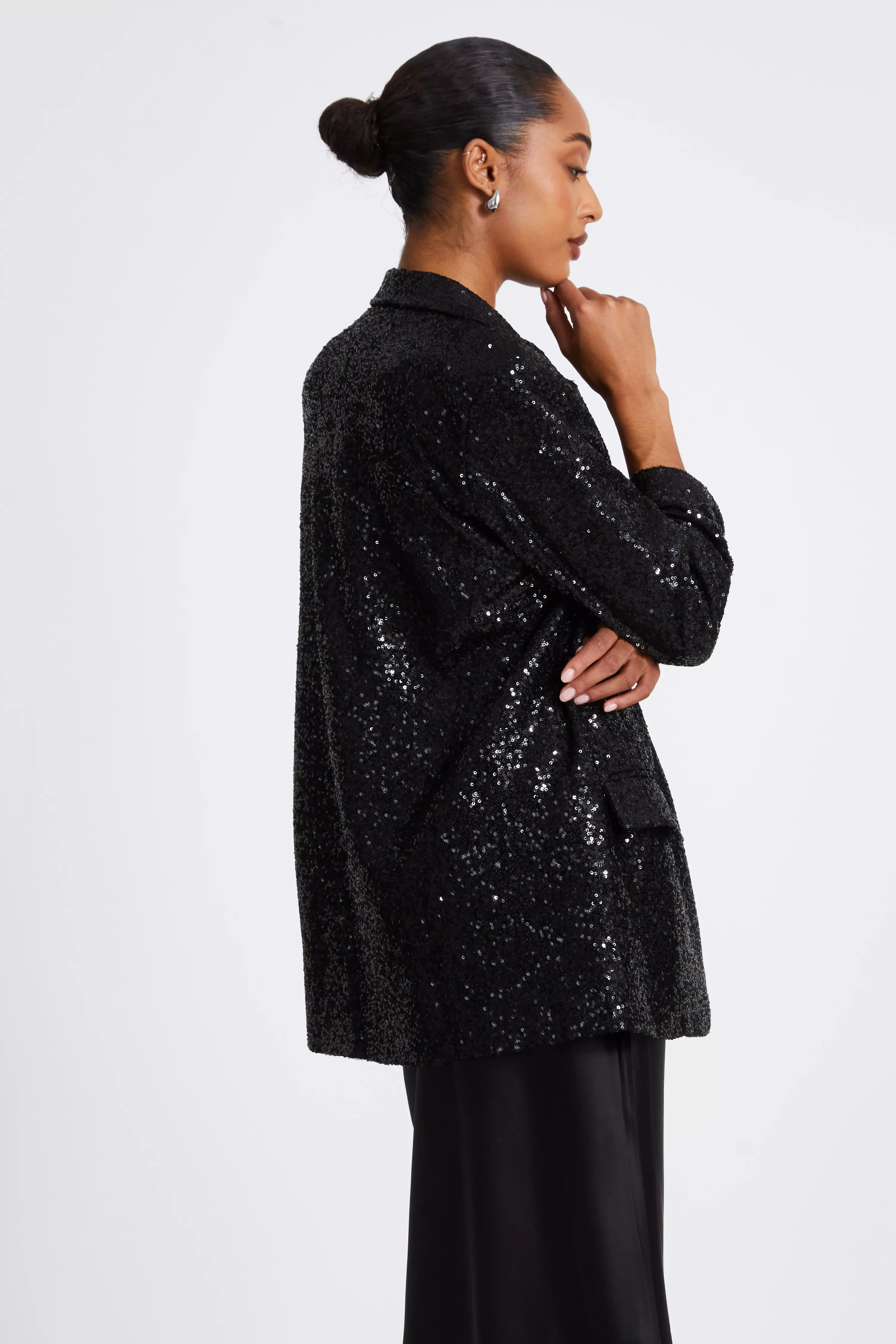 Black Sequin Ruched Blazer 