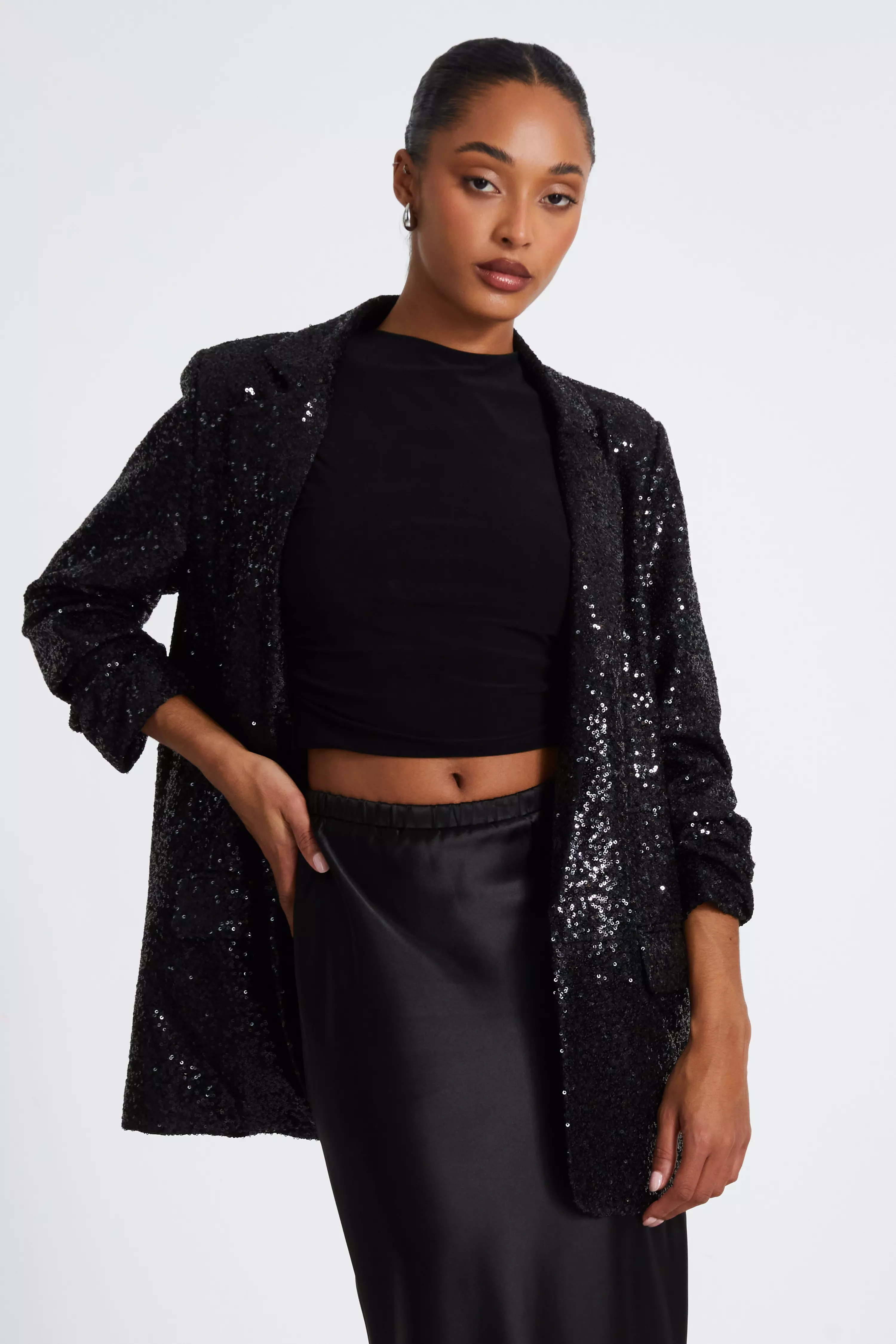 Black Sequin Ruched Blazer 