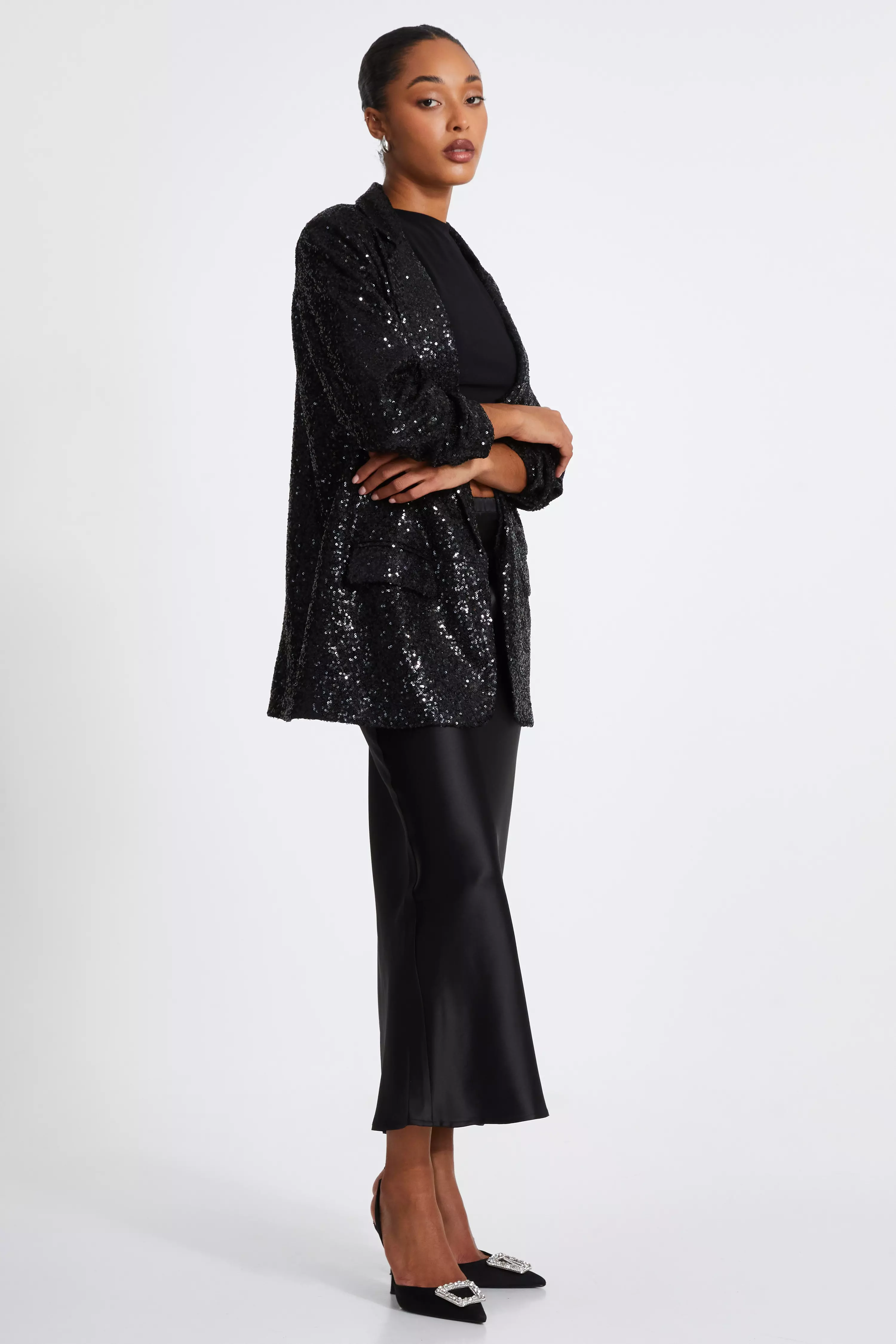 Black Sequin Ruched Blazer 