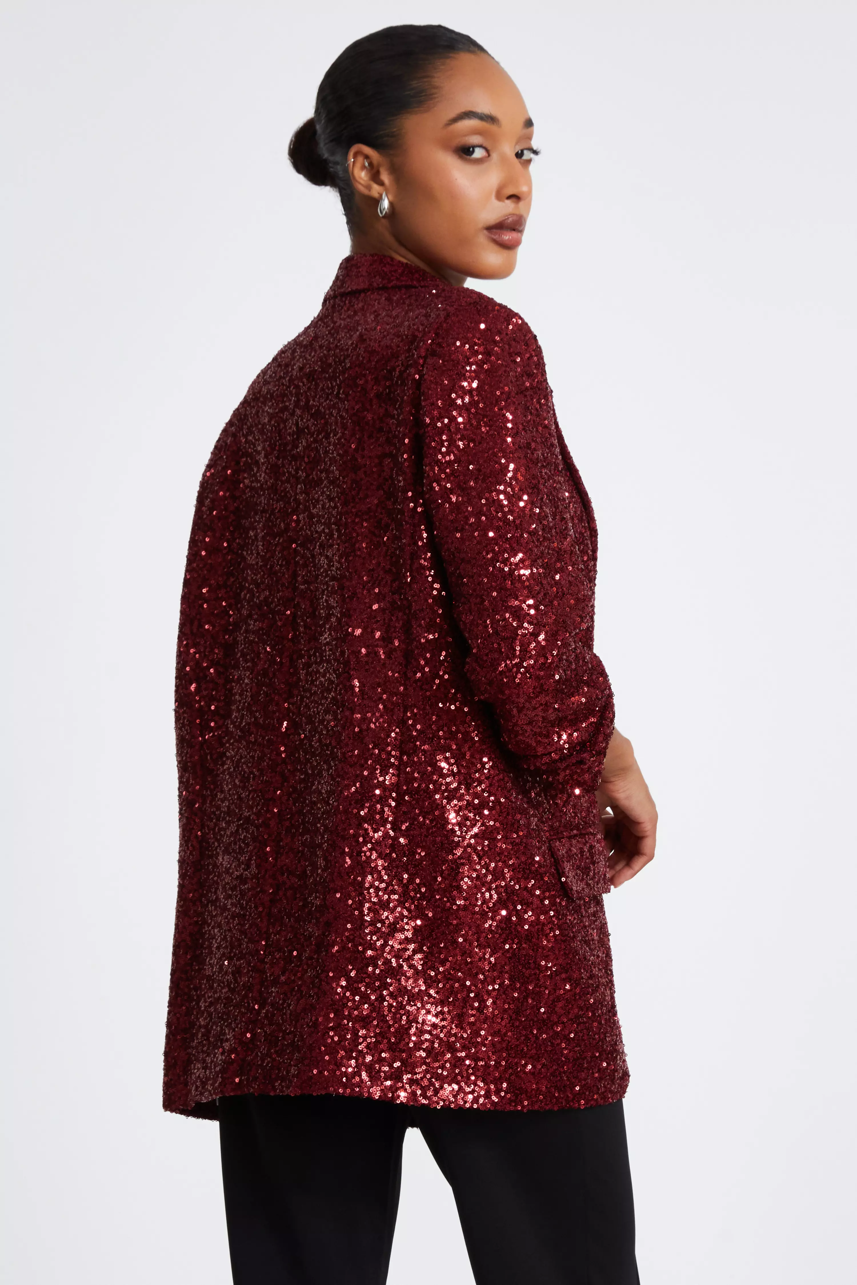 Dark Red Sequin Ruched Blazer 