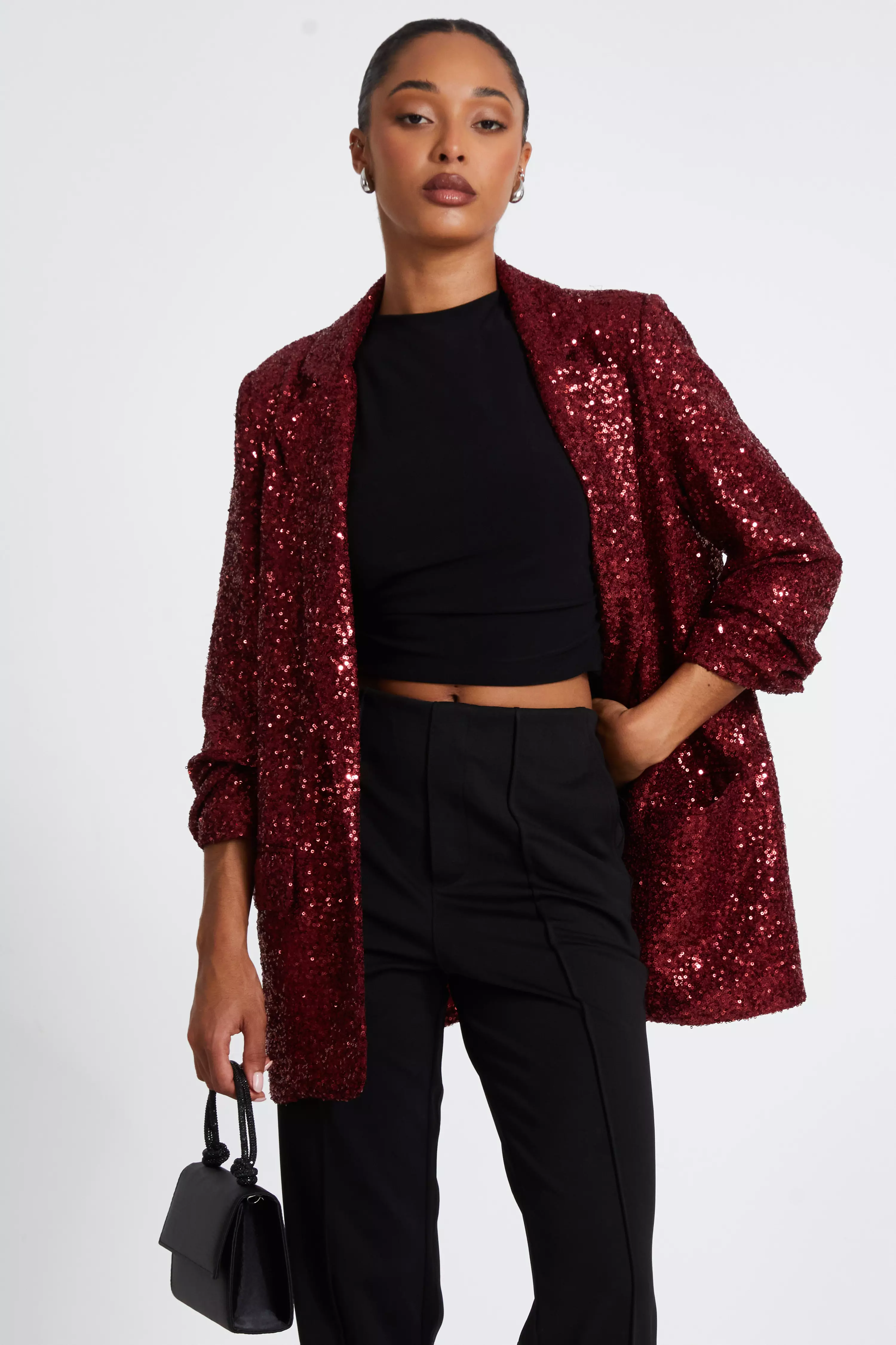 Dark Red Sequin Ruched Blazer 