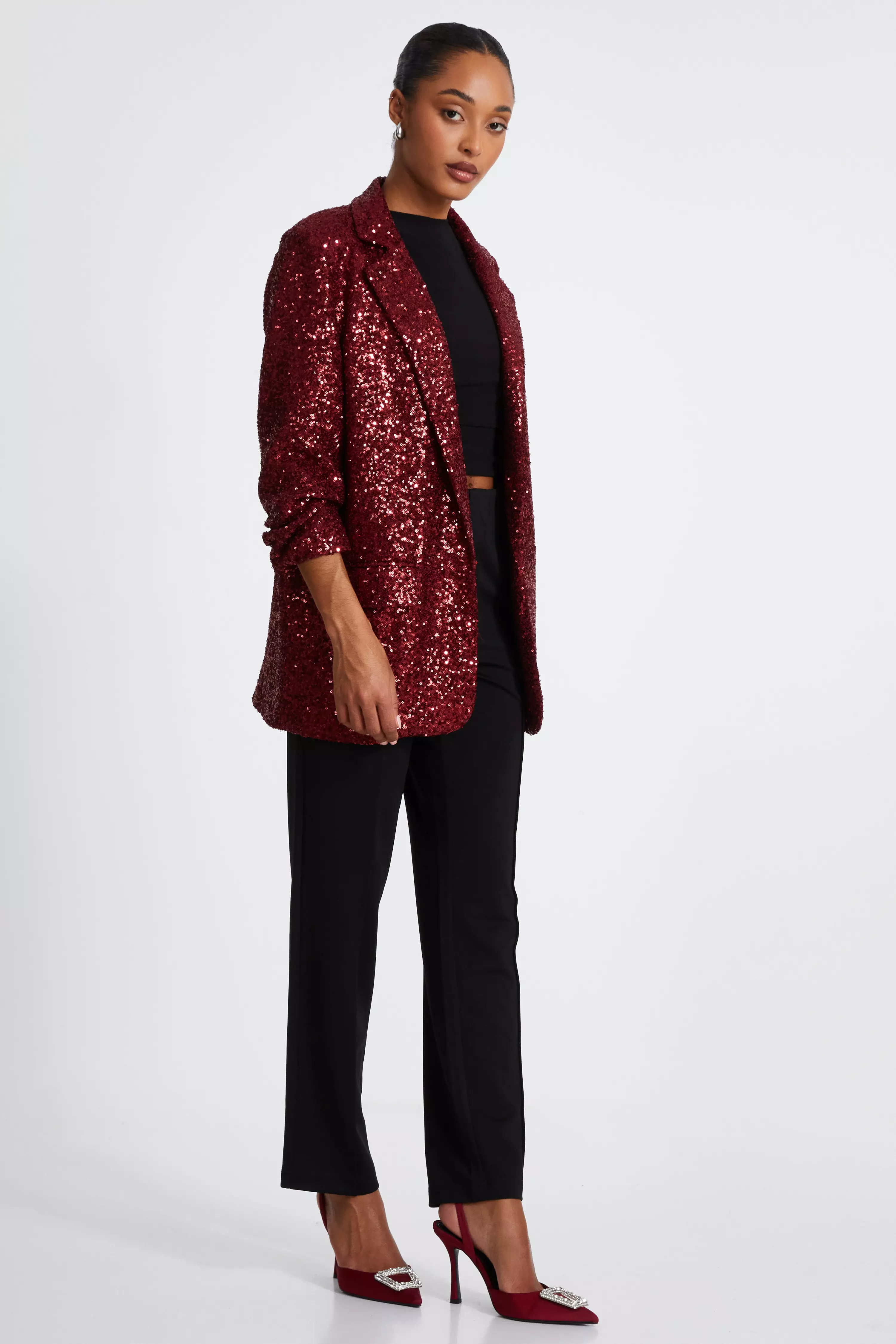 Dark Red Sequin Ruched Blazer 