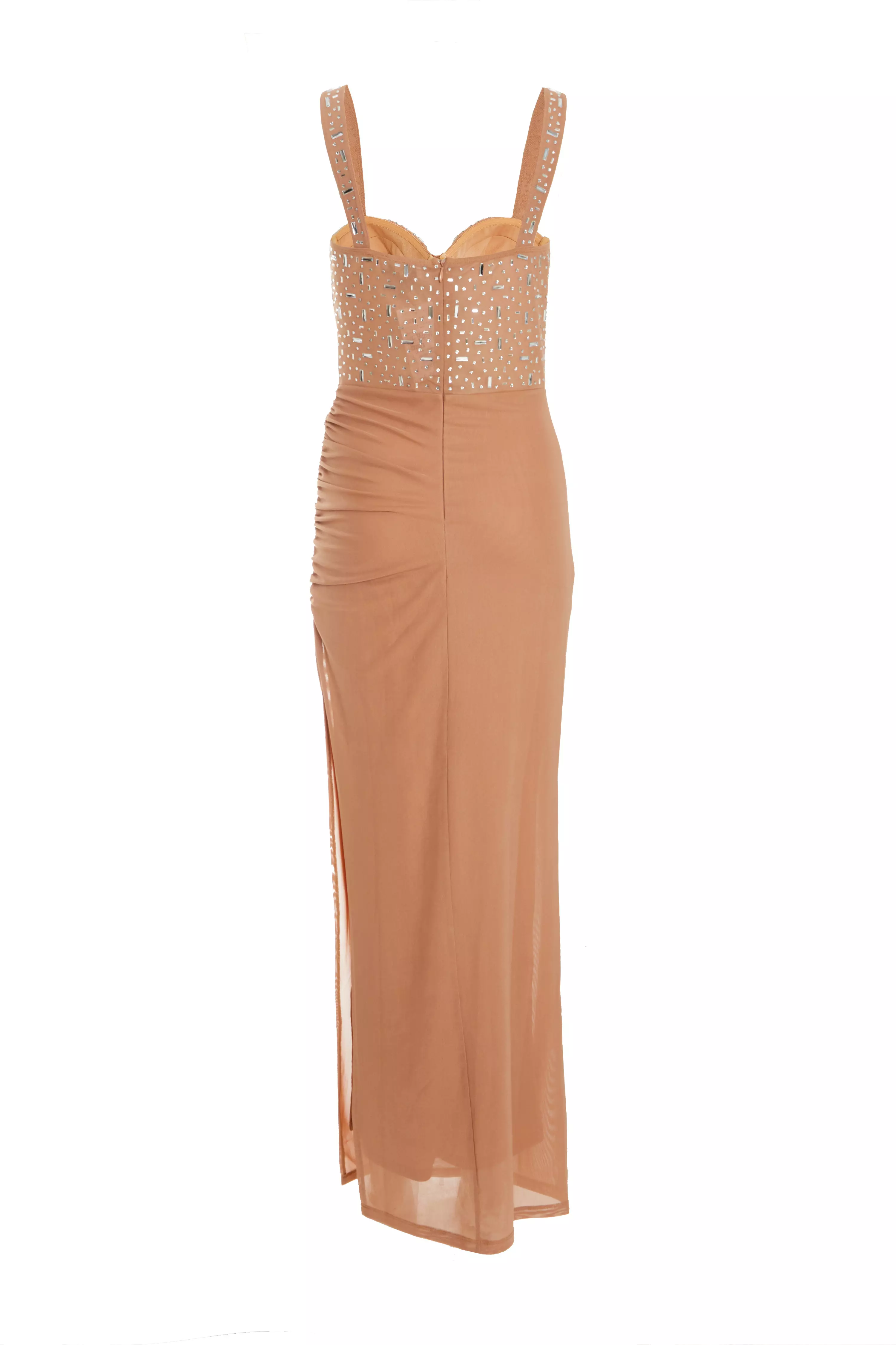 Nude Rhinestone Split Leg Maxi Dress 