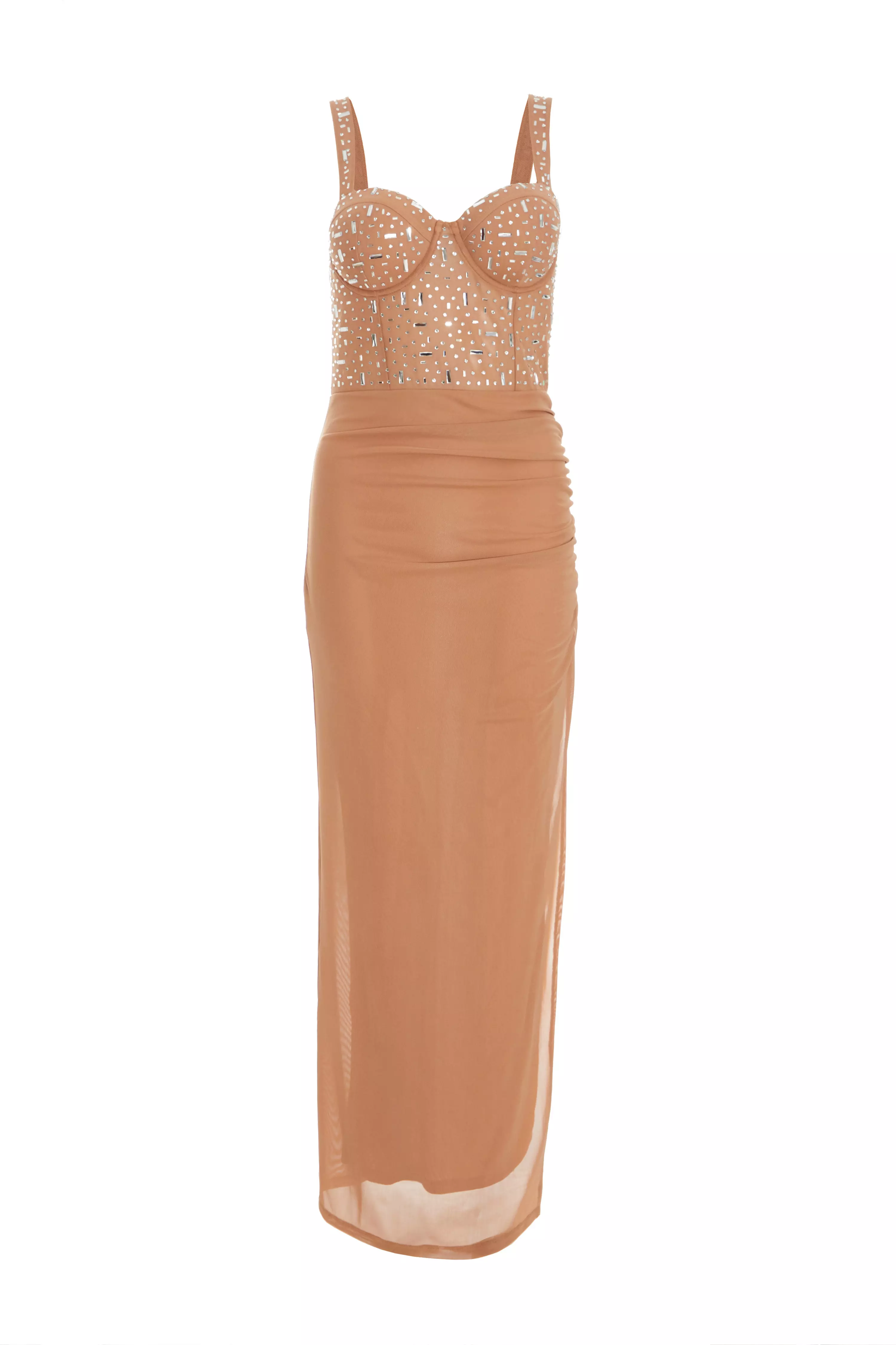 Nude Rhinestone Split Leg Maxi Dress 