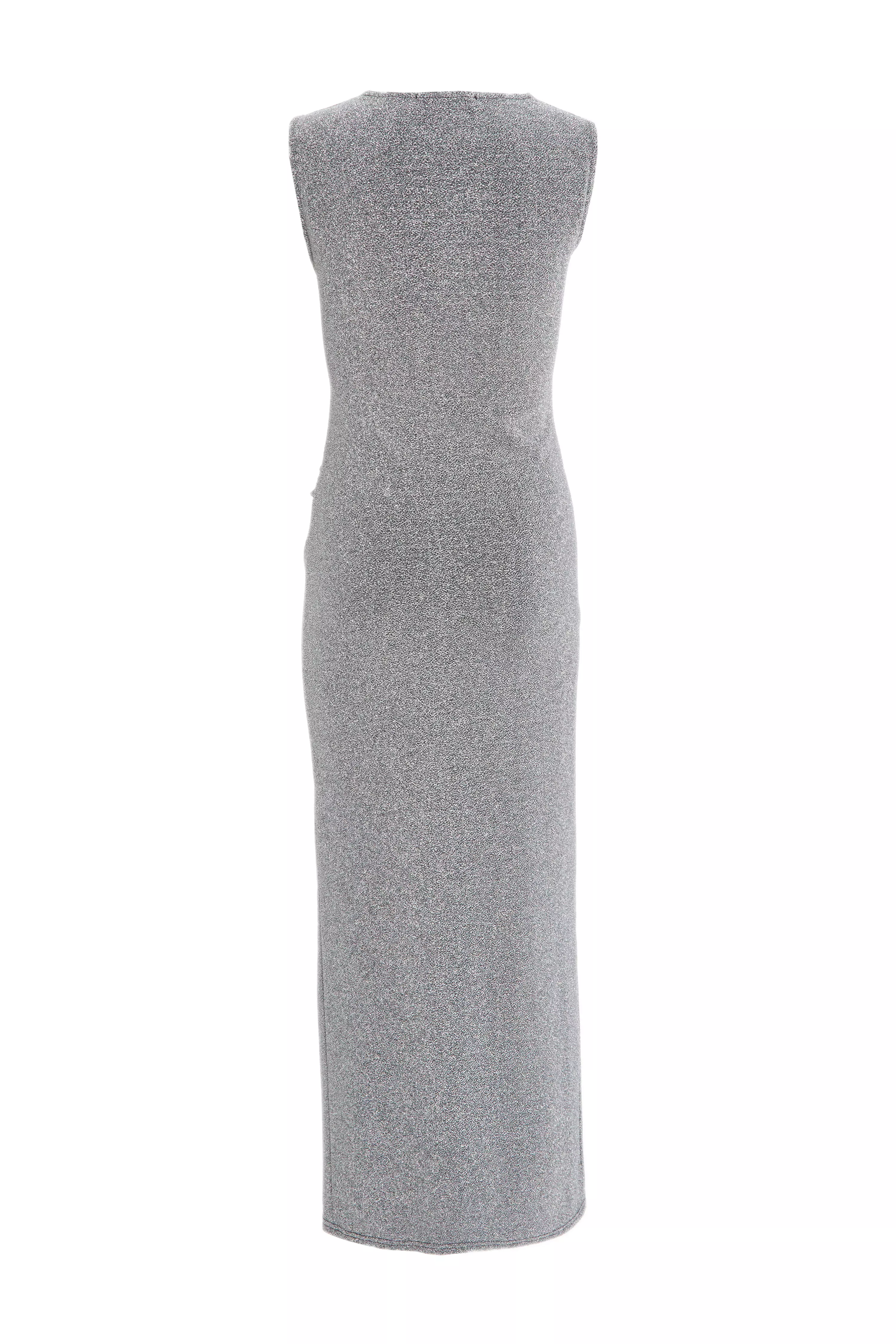 Silver Cowl Neck Ruched Midi Dress