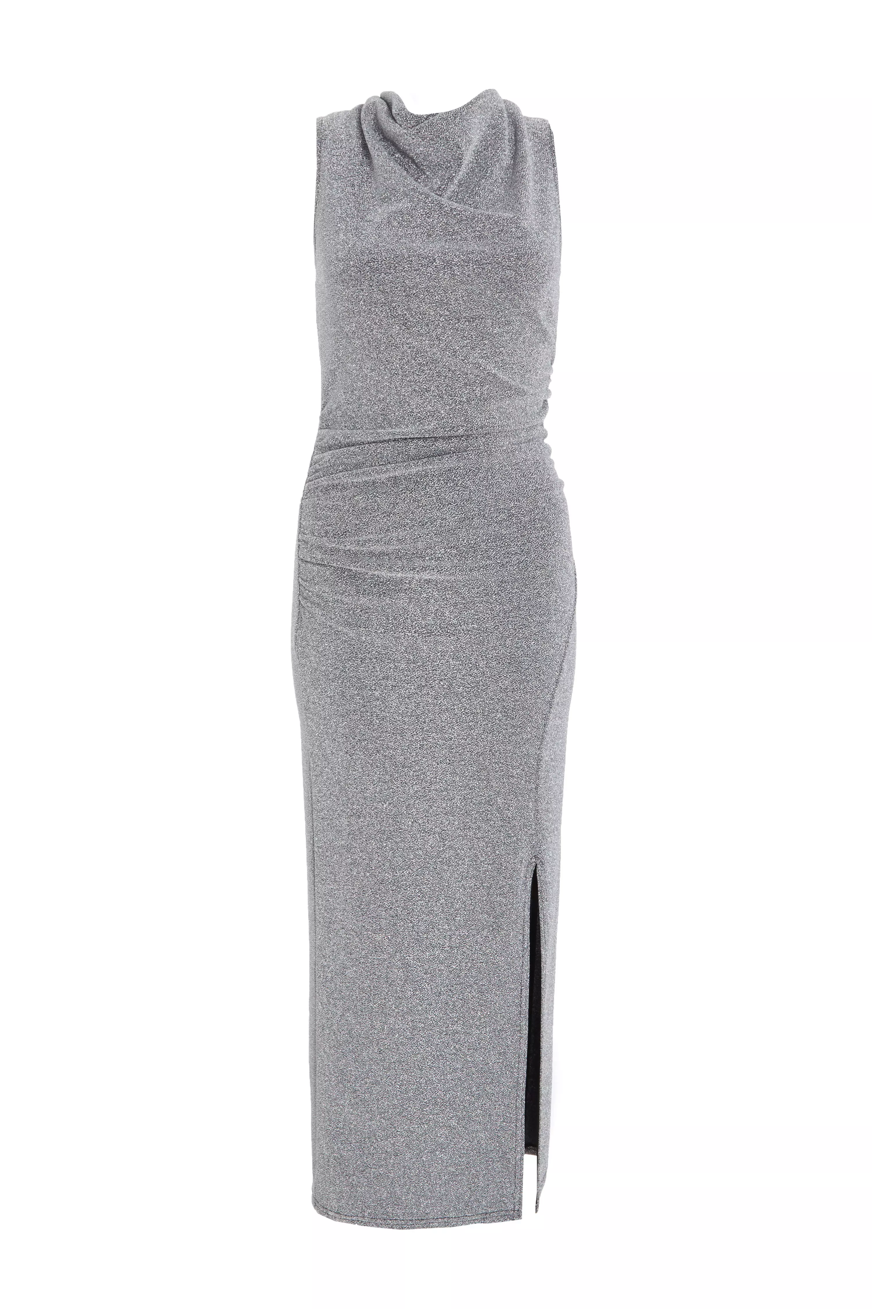 Silver Cowl Neck Ruched Midi Dress